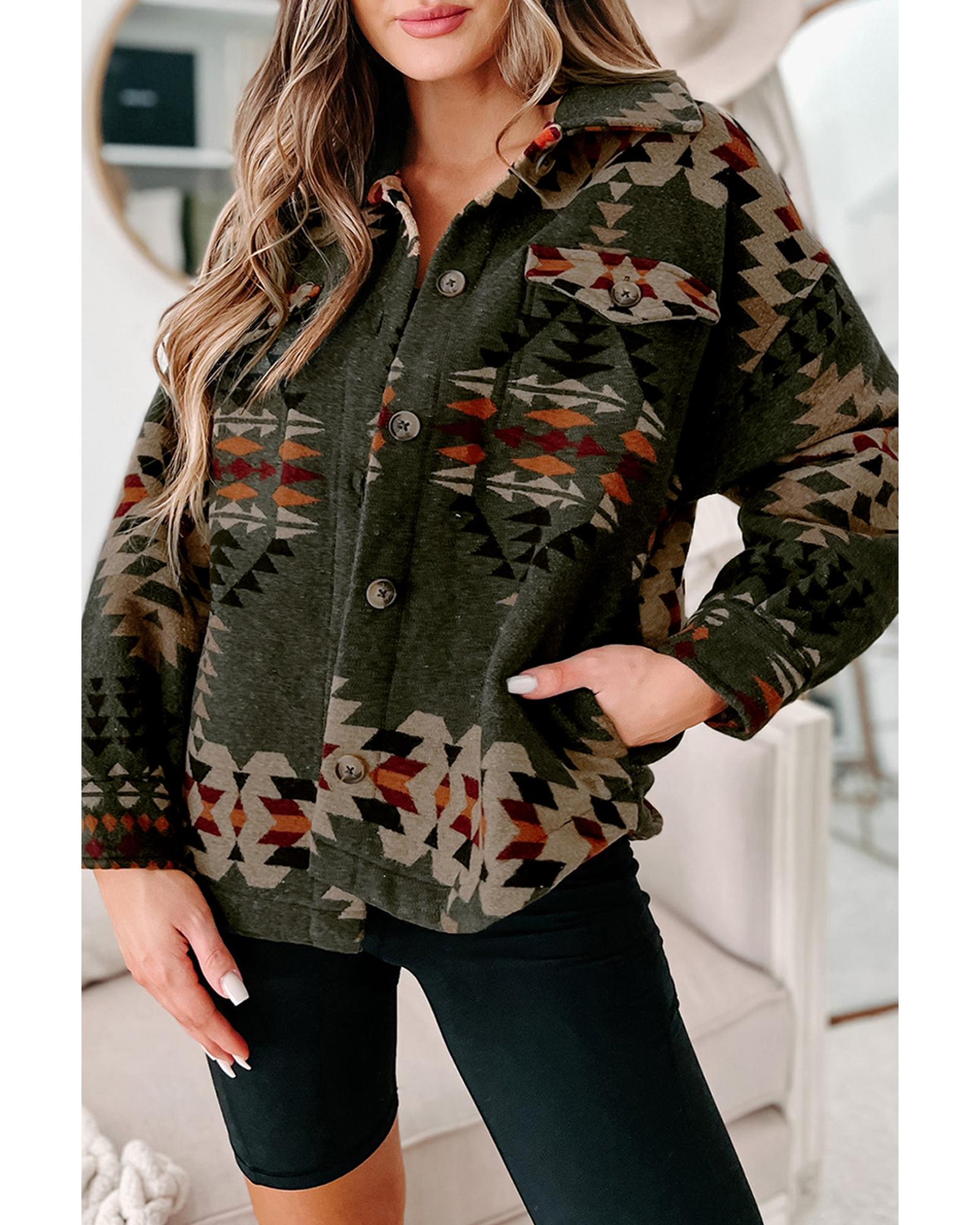 Green Aztec Print Flap Pockets Long Sleeve Shacket - XL