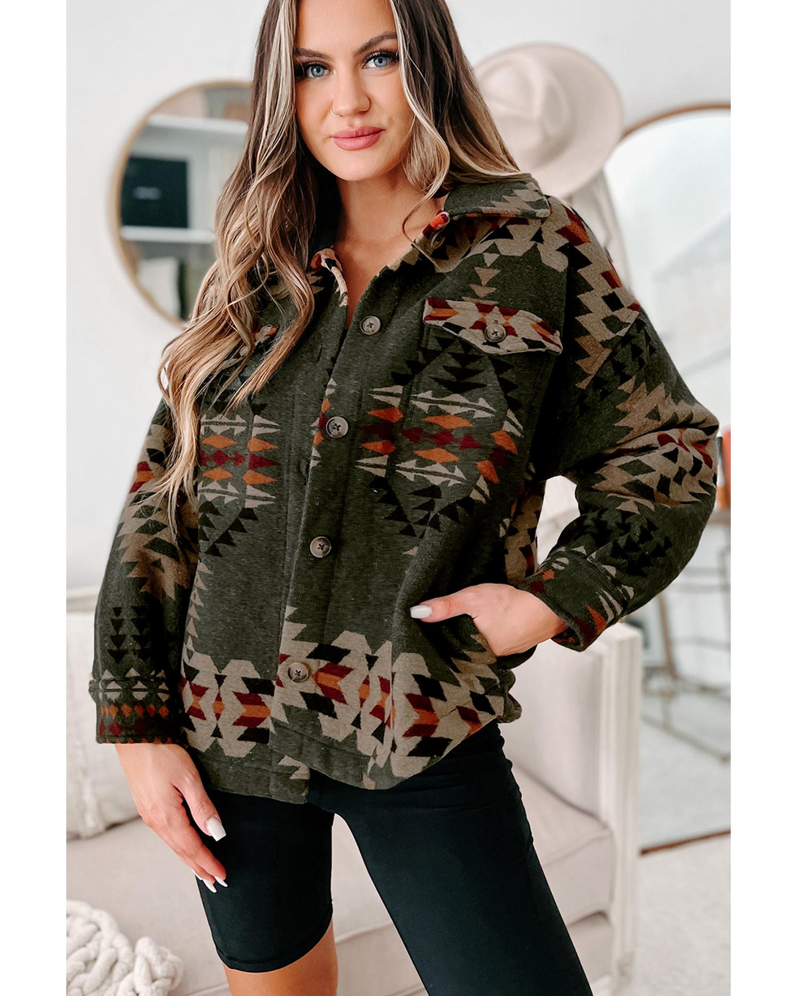 Green Aztec Print Flap Pockets Long Sleeve Shacket - XL