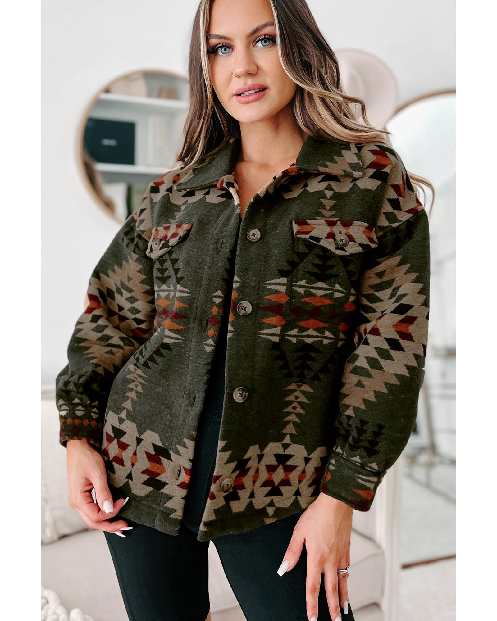 Green Aztec Print Flap Pockets Long Sleeve Shacket - XL