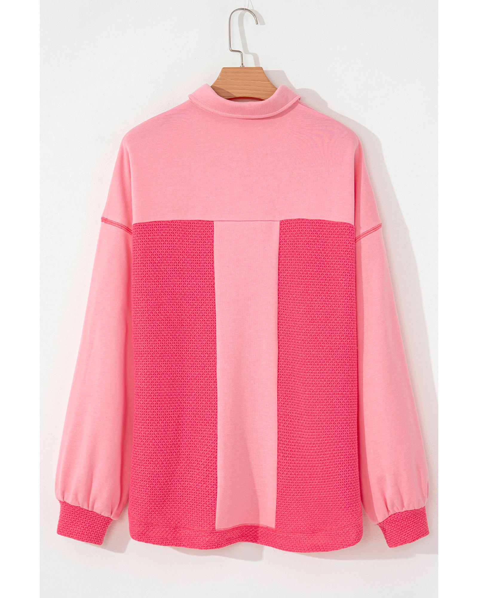 Peach Blossom Two Tone Contrast Waffle Knit Buttoned Loose Shacket - S