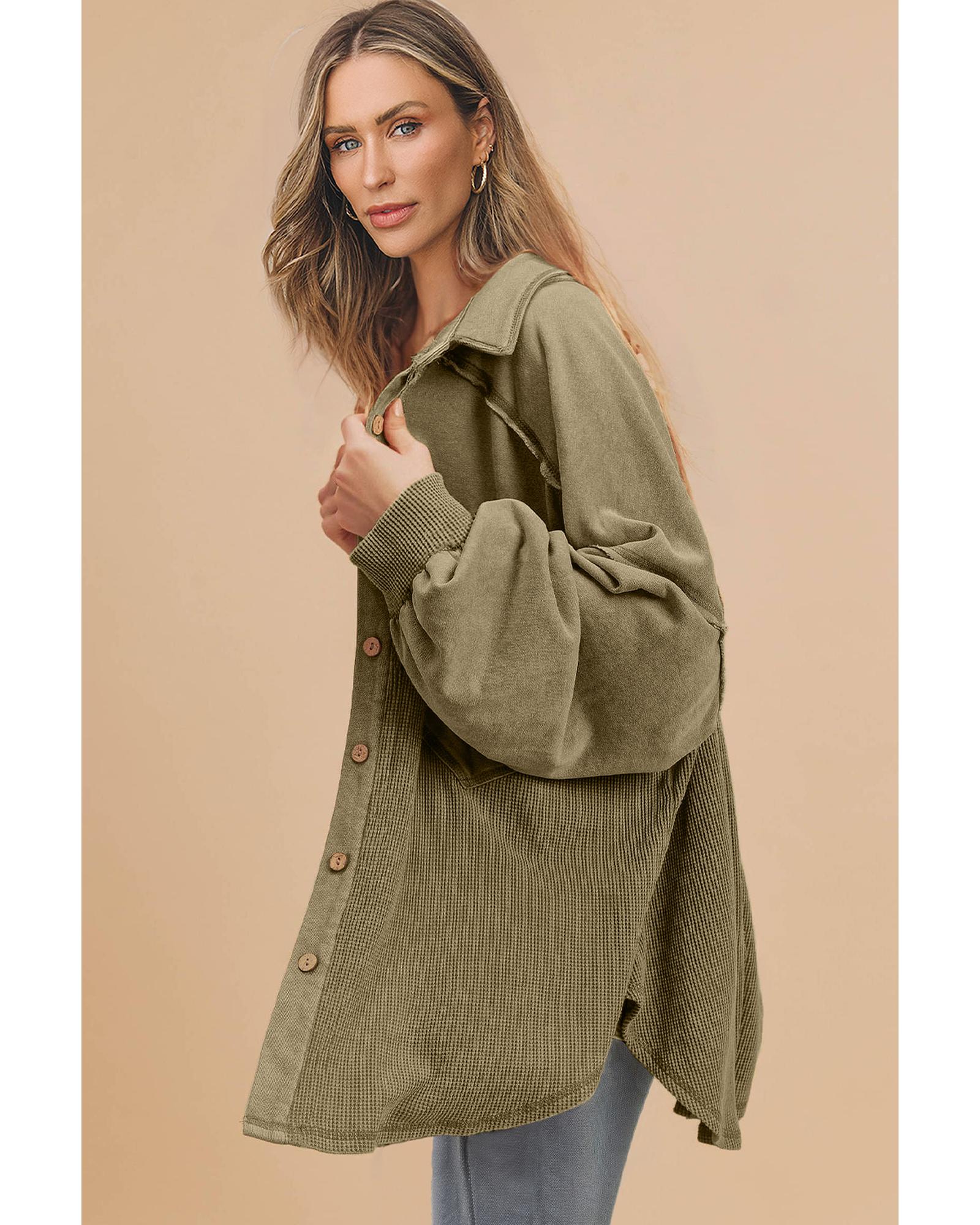 Moss Green Waffle Knit Patchwork Buttoned Oversized Shacket - S