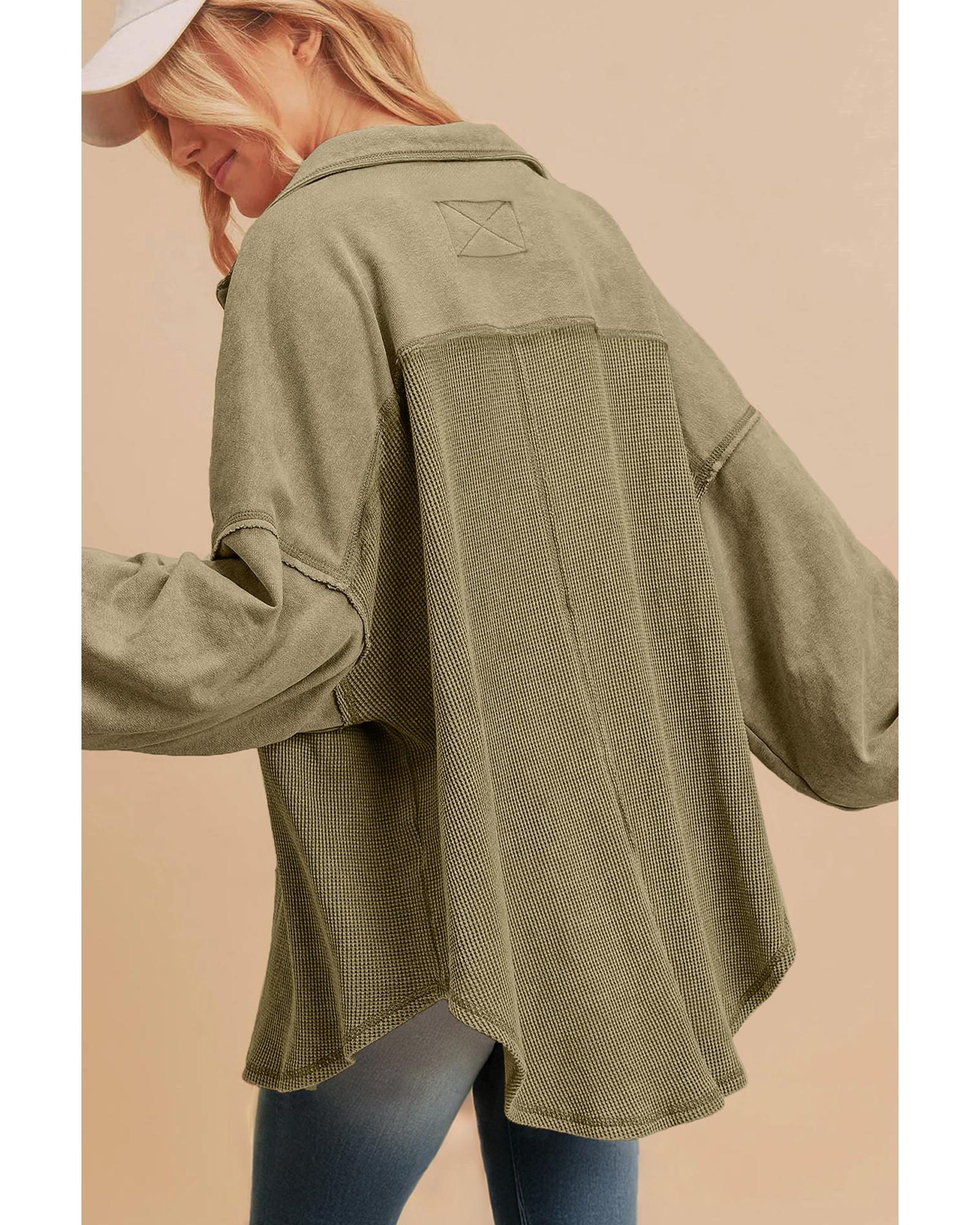 Moss Green Waffle Knit Patchwork Buttoned Oversized Shacket - S