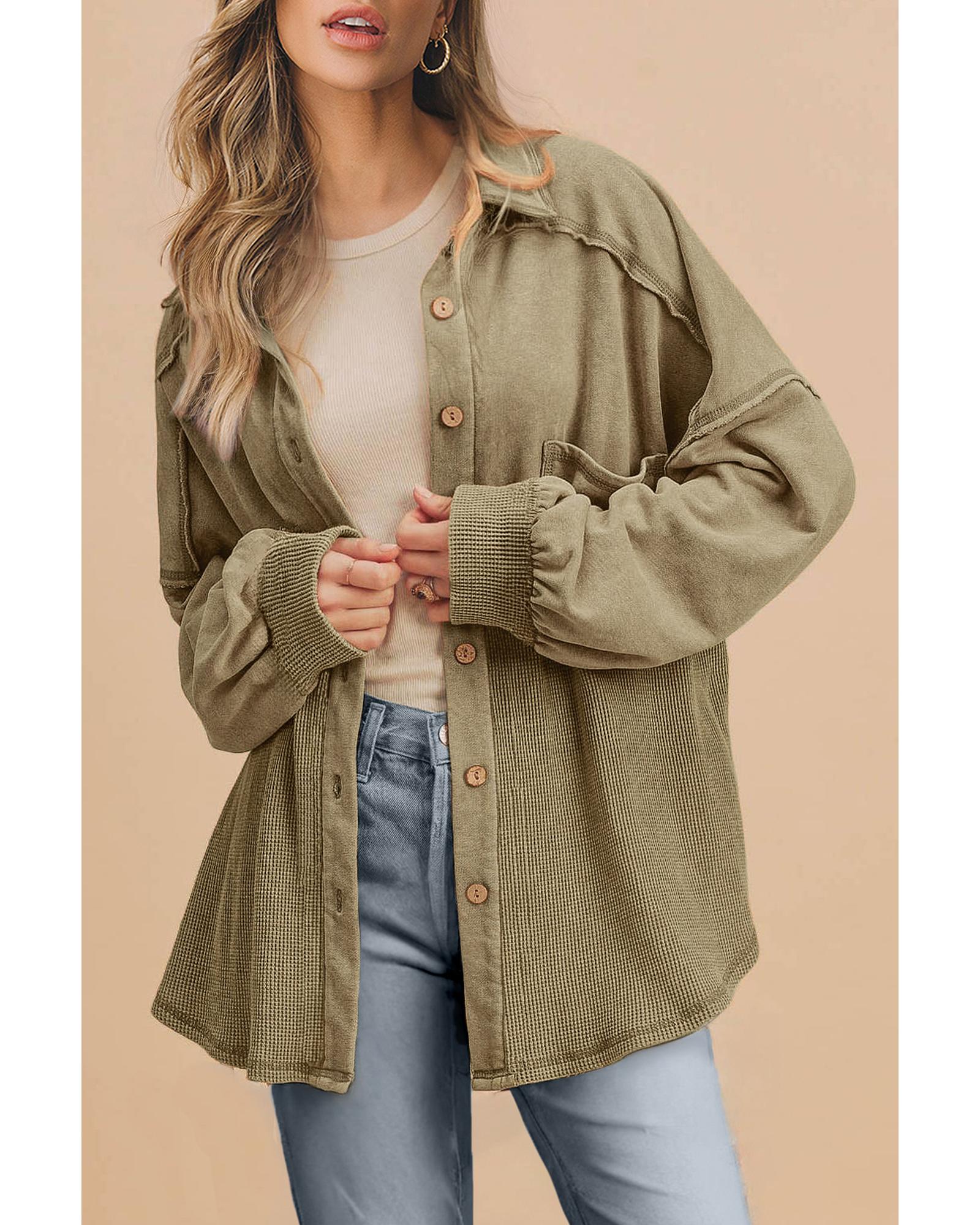 Moss Green Waffle Knit Patchwork Buttoned Oversized Shacket - XL