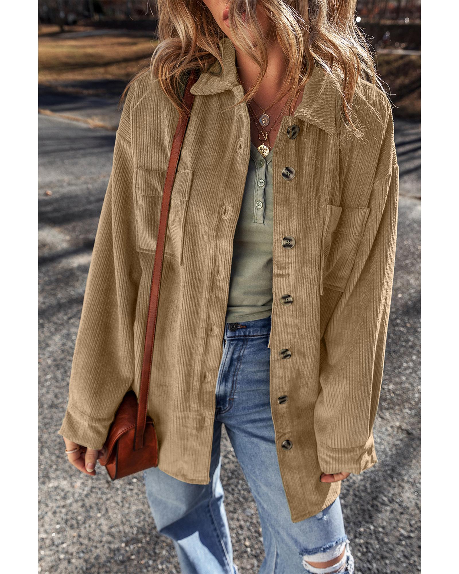 Light French Beige Patched Pocket Button Up Corduroy Shacket - 2XL