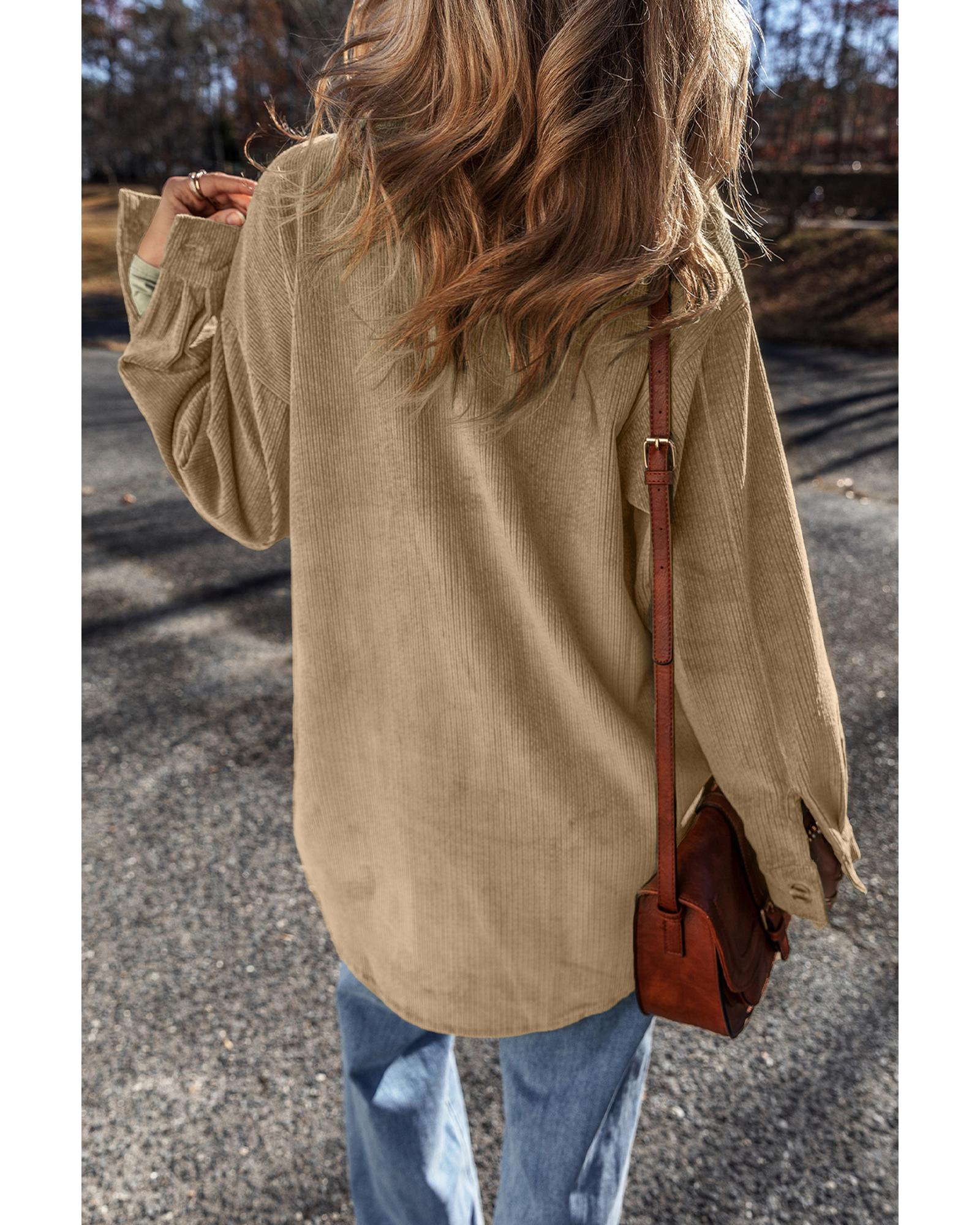 Light French Beige Patched Pocket Button Up Corduroy Shacket - S