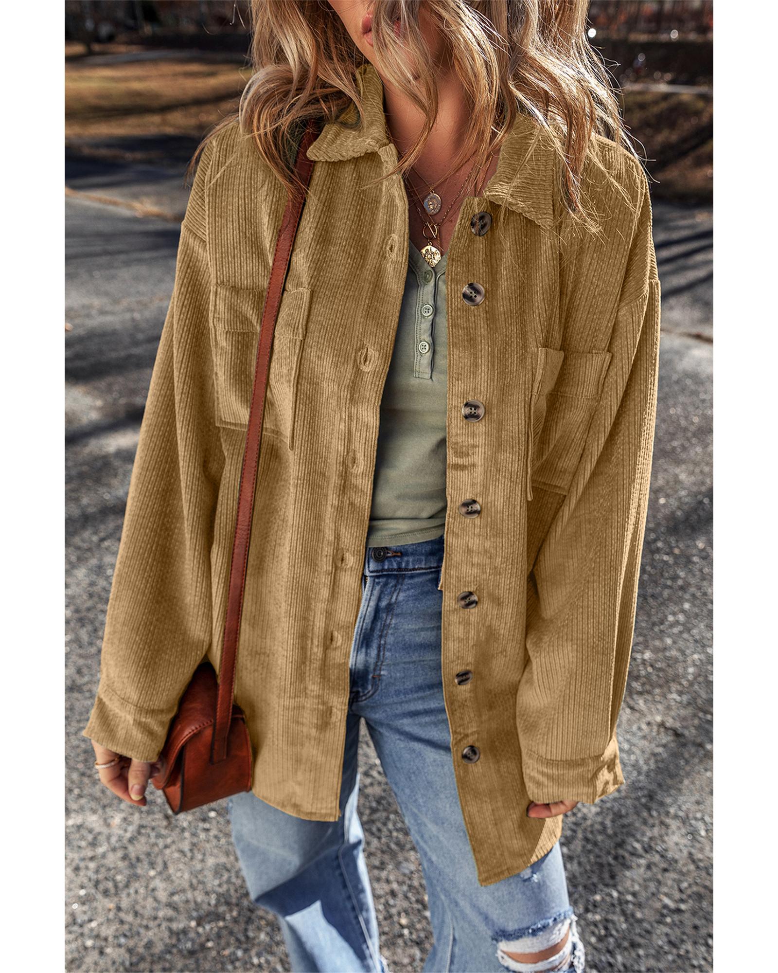 Light French Beige Patched Pocket Button Up Corduroy Shacket - XL
