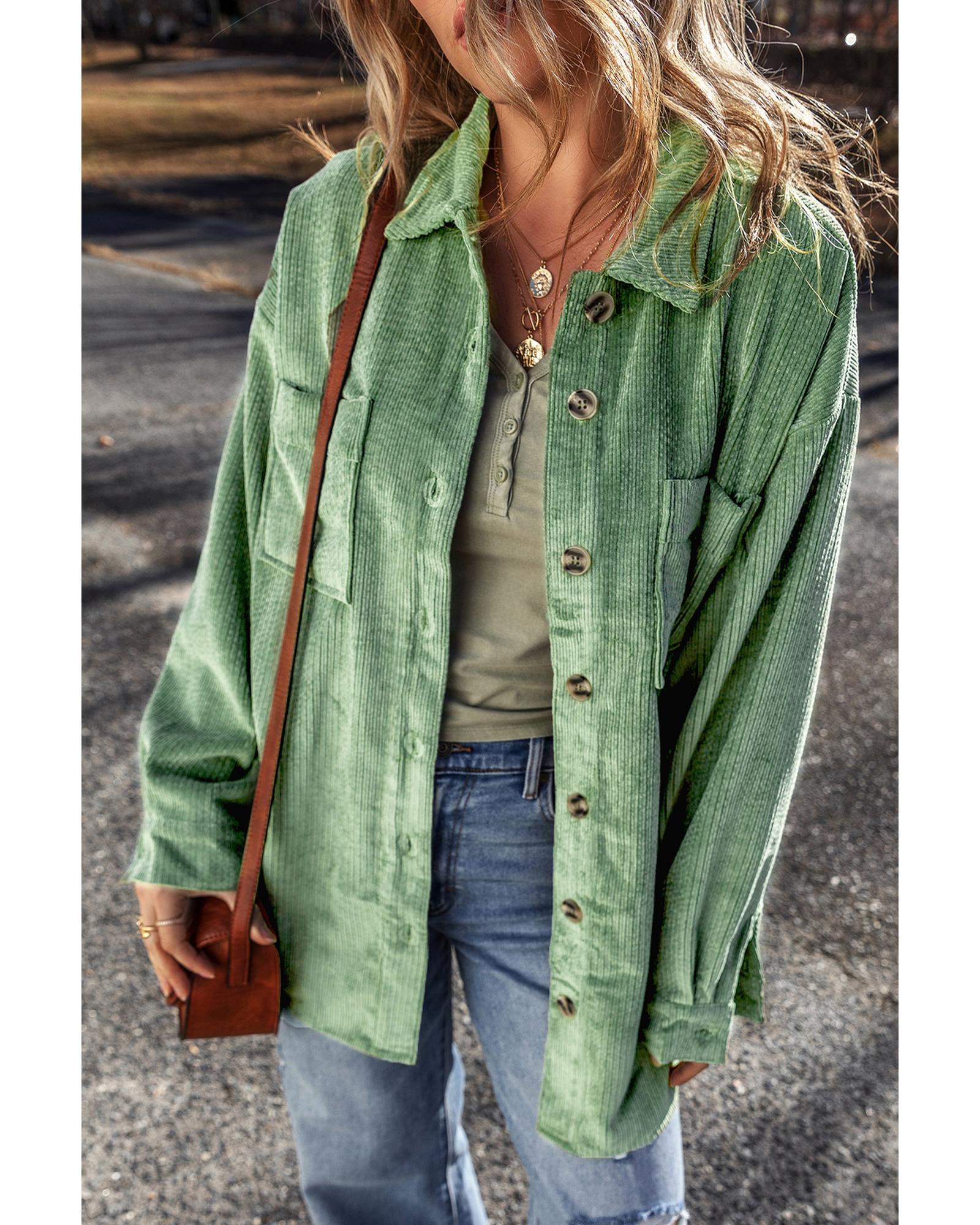 Mist Green Patched Pocket Button Up Corduroy Shacket - M