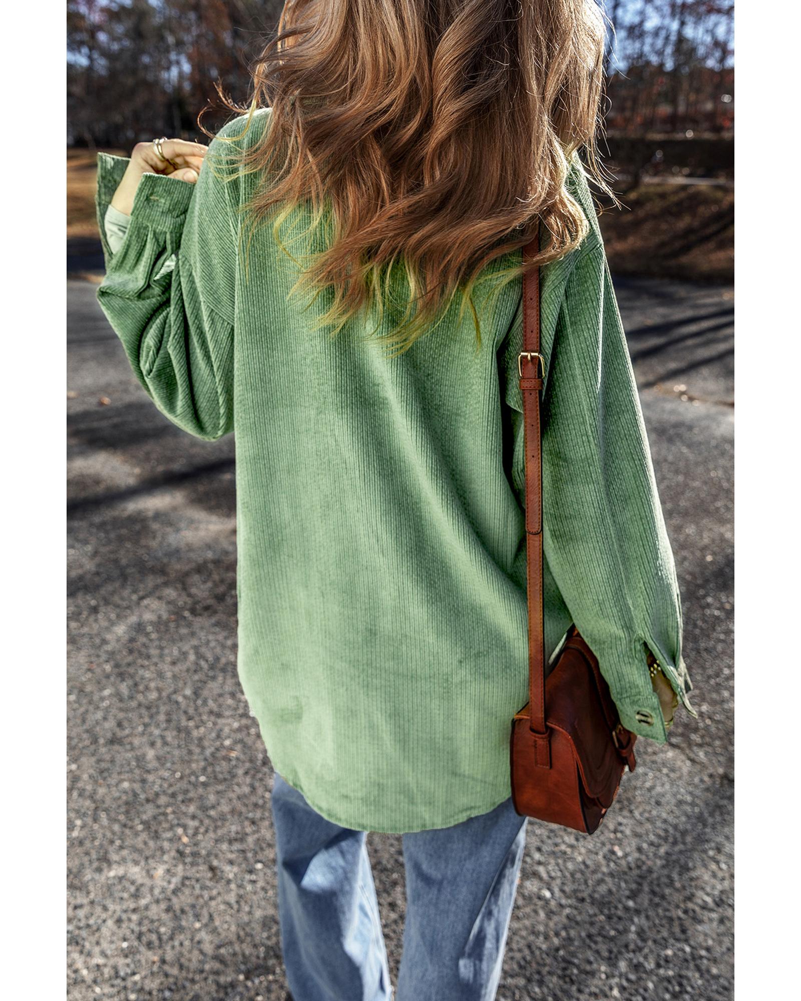 Mist Green Patched Pocket Button Up Corduroy Shacket - M