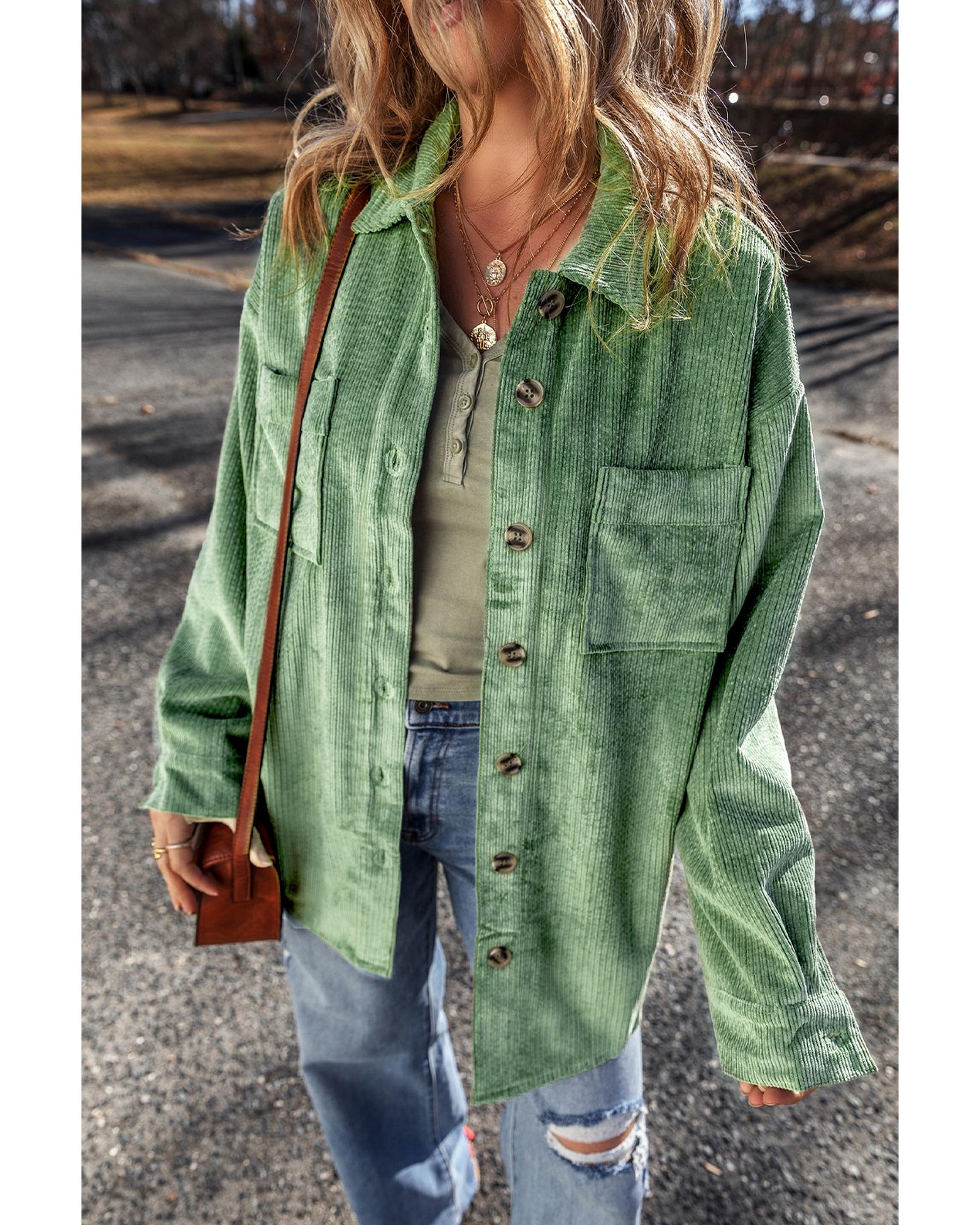 Mist Green Patched Pocket Button Up Corduroy Shacket - M