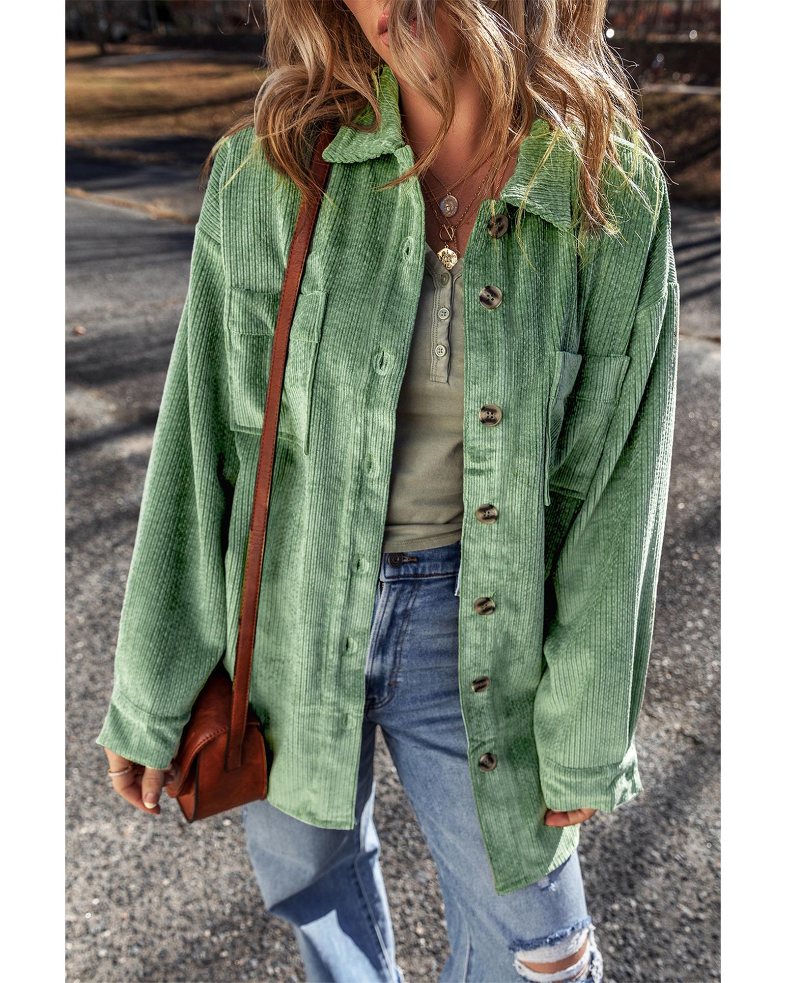 Mist Green Patched Pocket Button Up Corduroy Shacket - S
