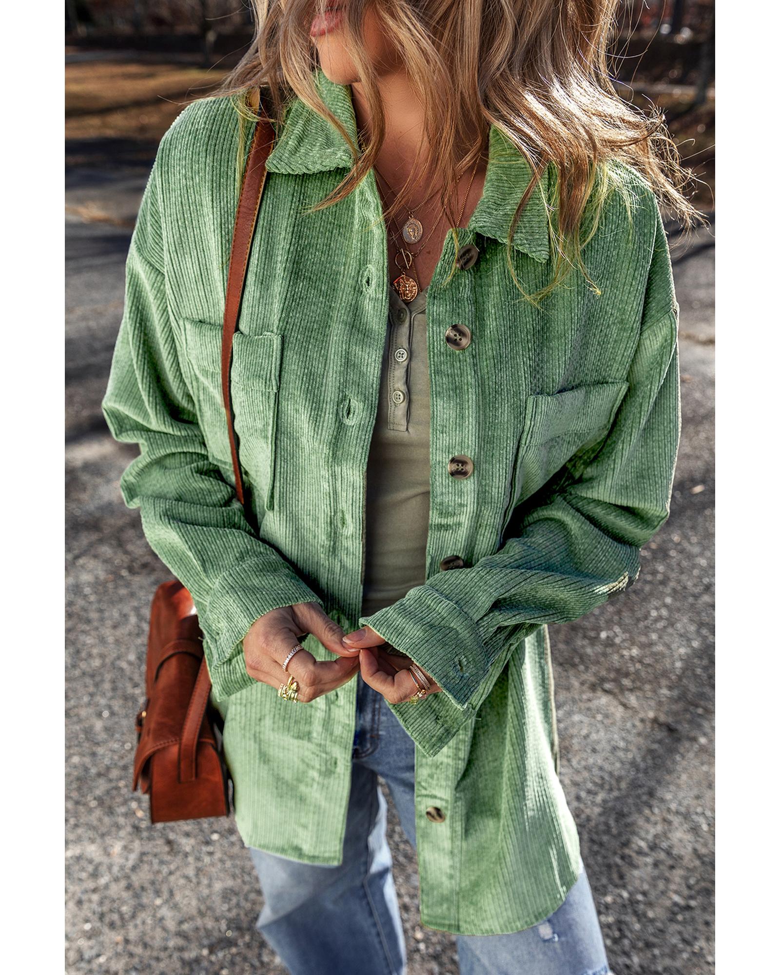 Mist Green Patched Pocket Button Up Corduroy Shacket - S