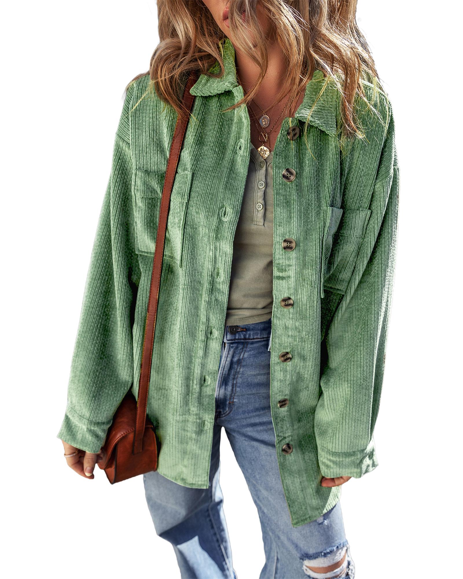 Mist Green Patched Pocket Button Up Corduroy Shacket - S