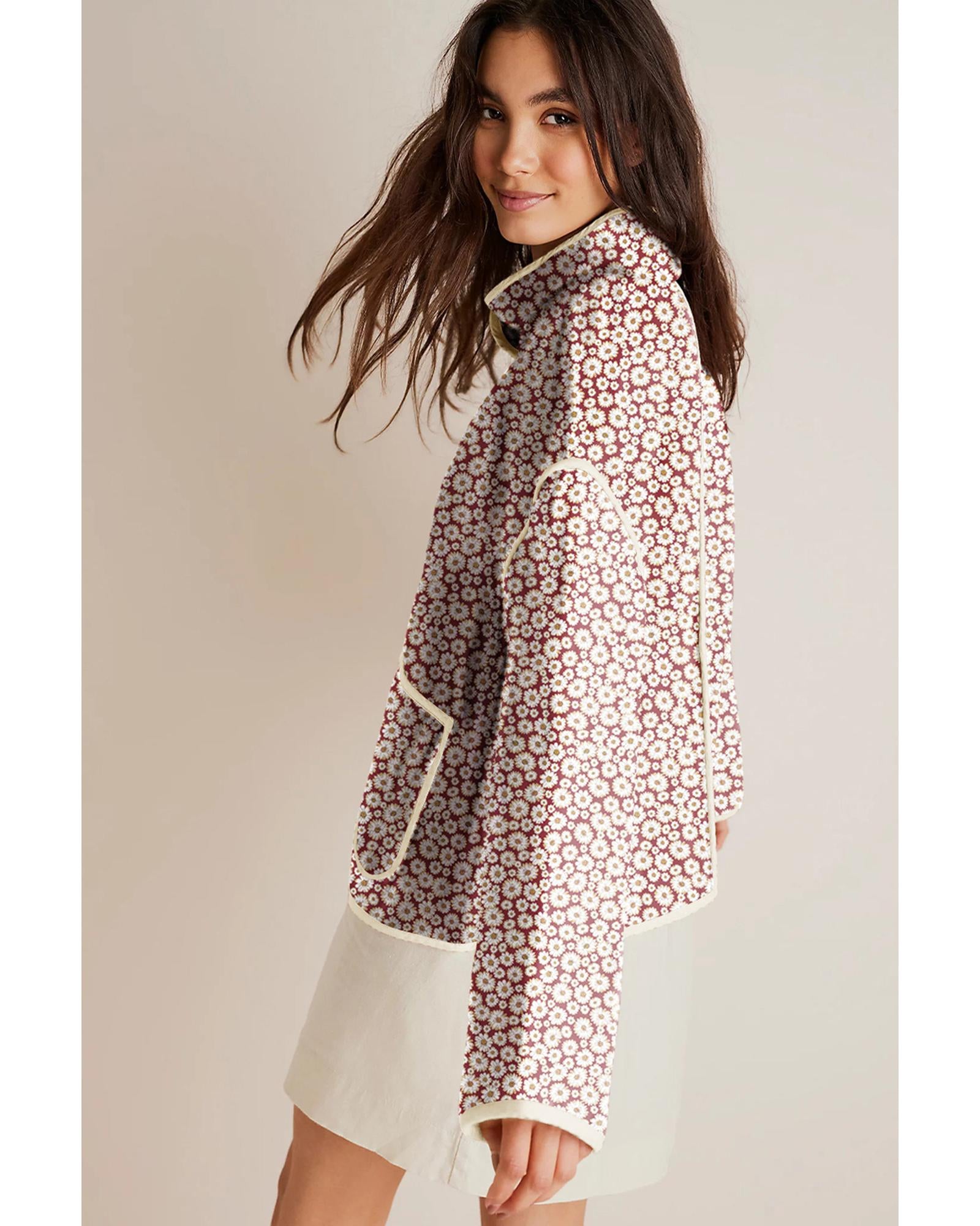Pink Floral Print Contrast Edge Pocketed Stand Neck Jacket - M