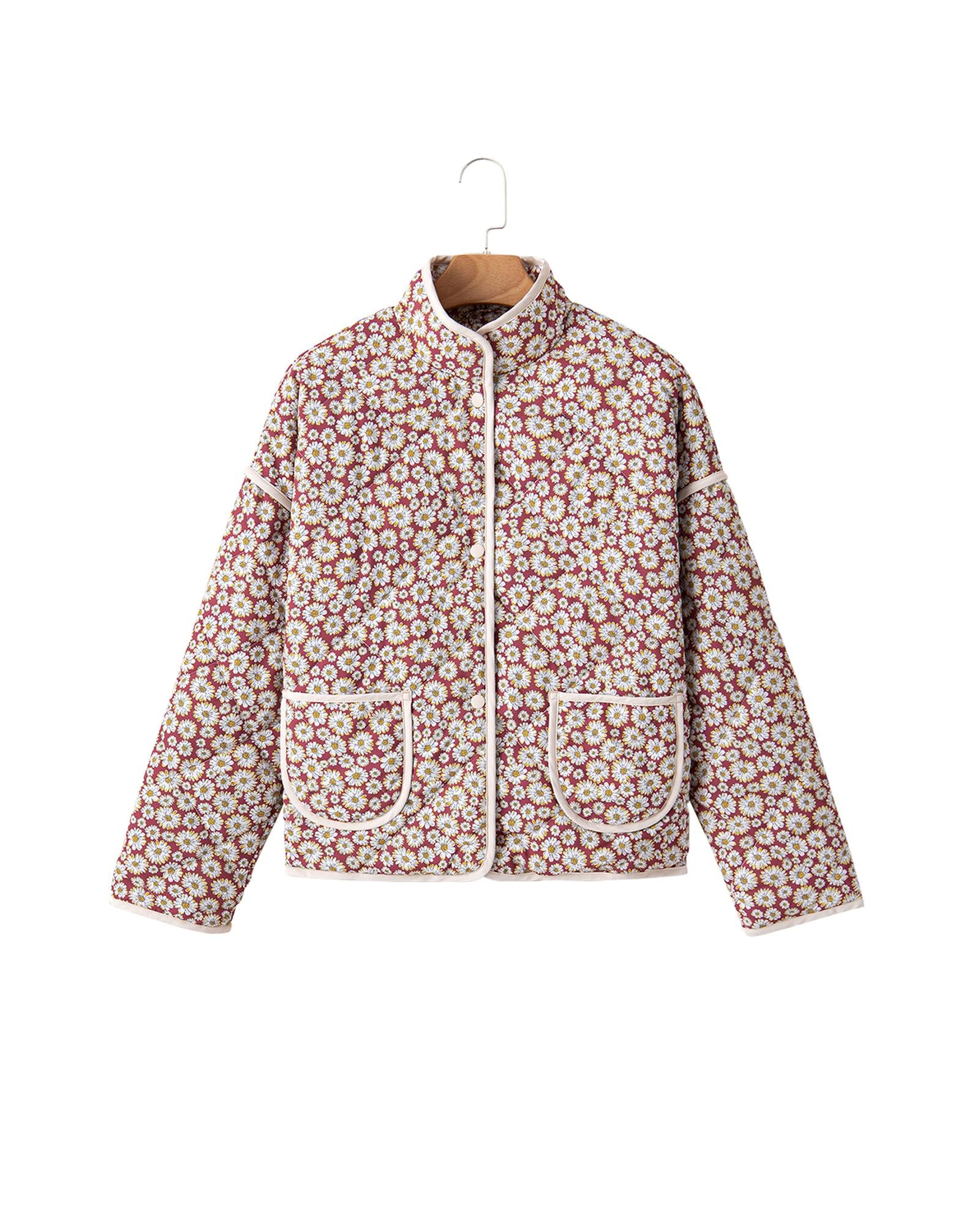 Pink Floral Print Contrast Edge Pocketed Stand Neck Jacket - M