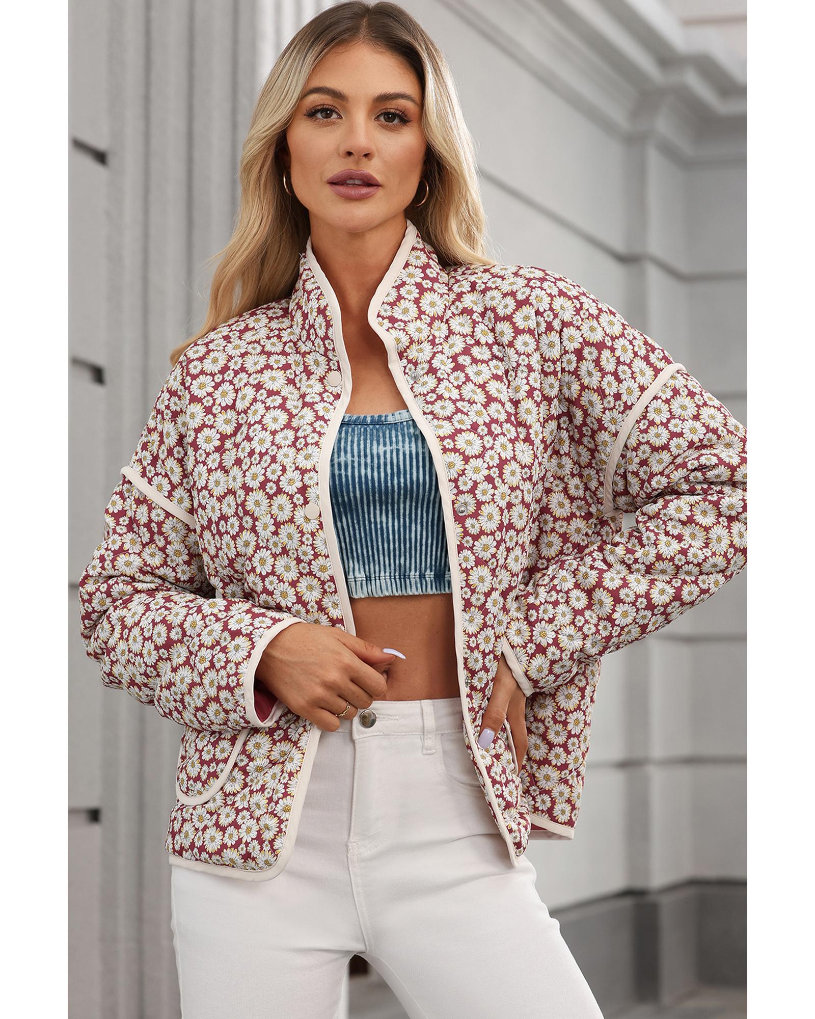 Pink Floral Print Contrast Edge Pocketed Stand Neck Jacket - M