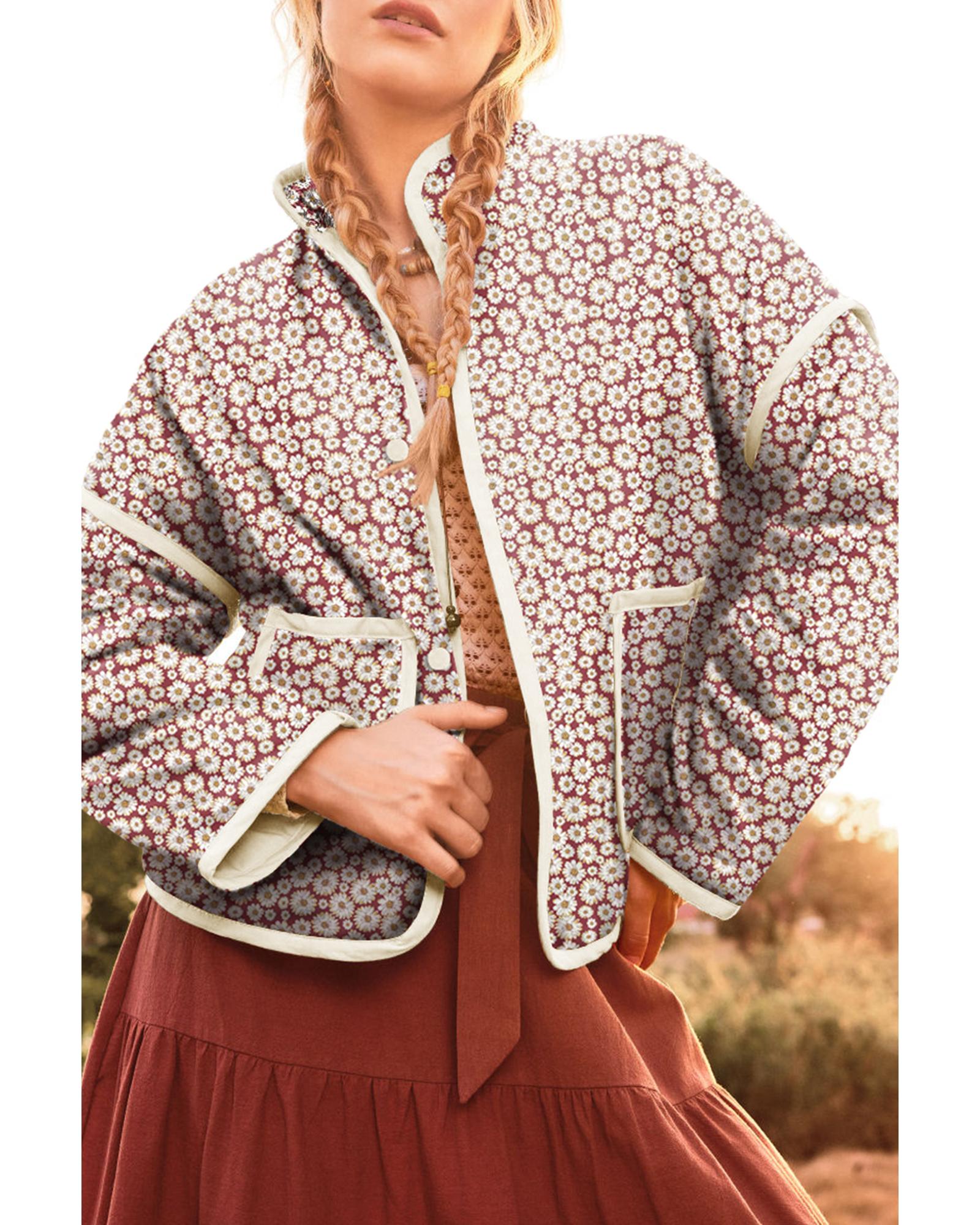 Pink Floral Print Contrast Edge Pocketed Stand Neck Jacket - M