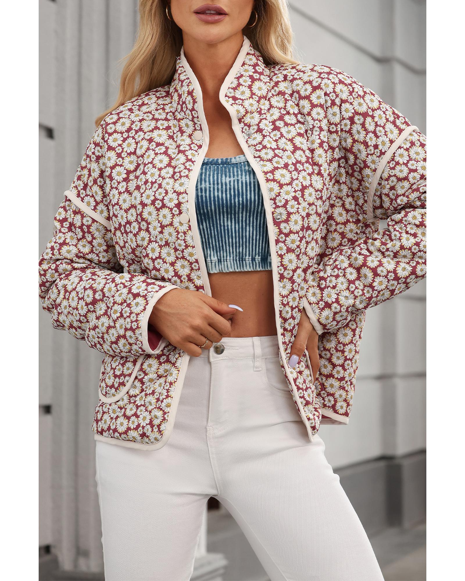 Pink Floral Print Contrast Edge Pocketed Stand Neck Jacket - XL