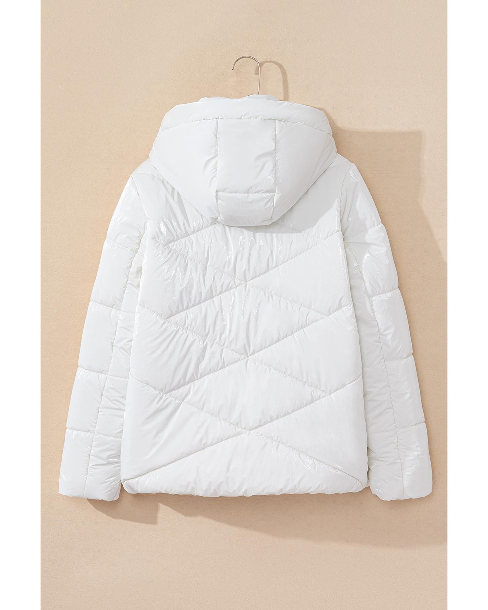 White Solid Quilted Hooded Zip Up Puffer Coat - M