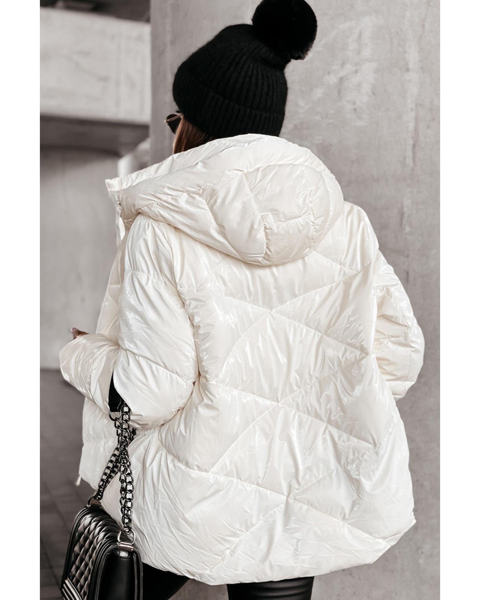 White Solid Quilted Hooded Zip Up Puffer Coat - M