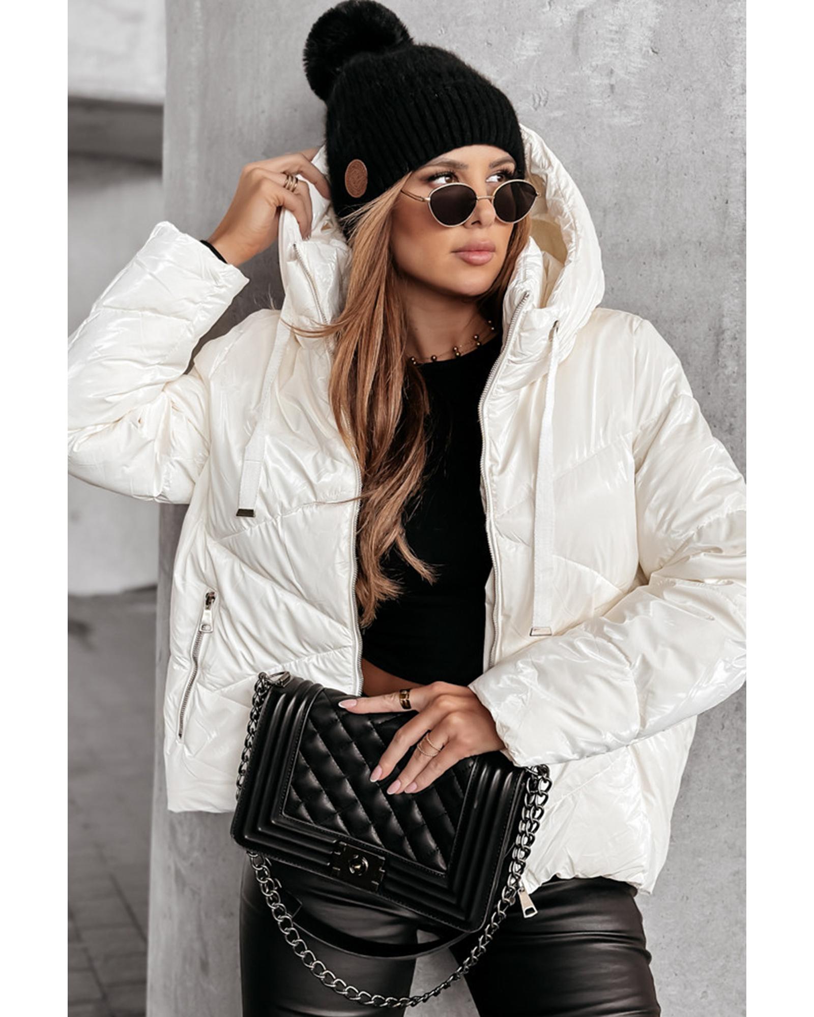White Solid Quilted Hooded Zip Up Puffer Coat - M