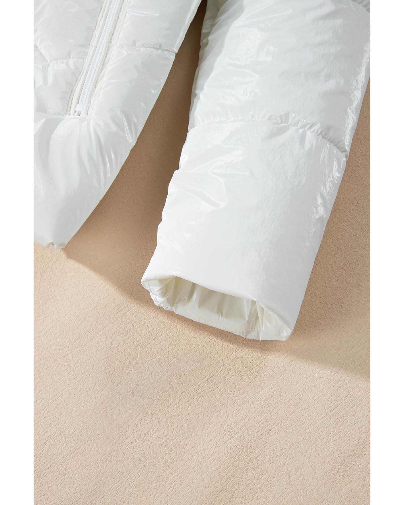 White Solid Quilted Hooded Zip Up Puffer Coat - M