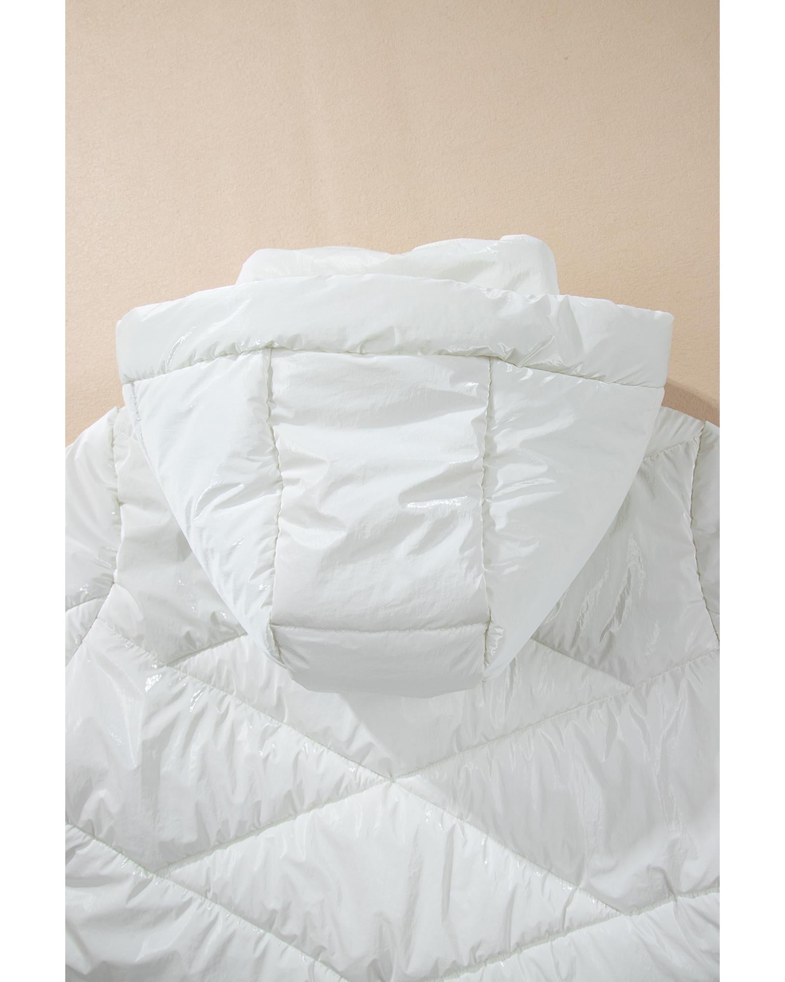 White Solid Quilted Hooded Zip Up Puffer Coat - M
