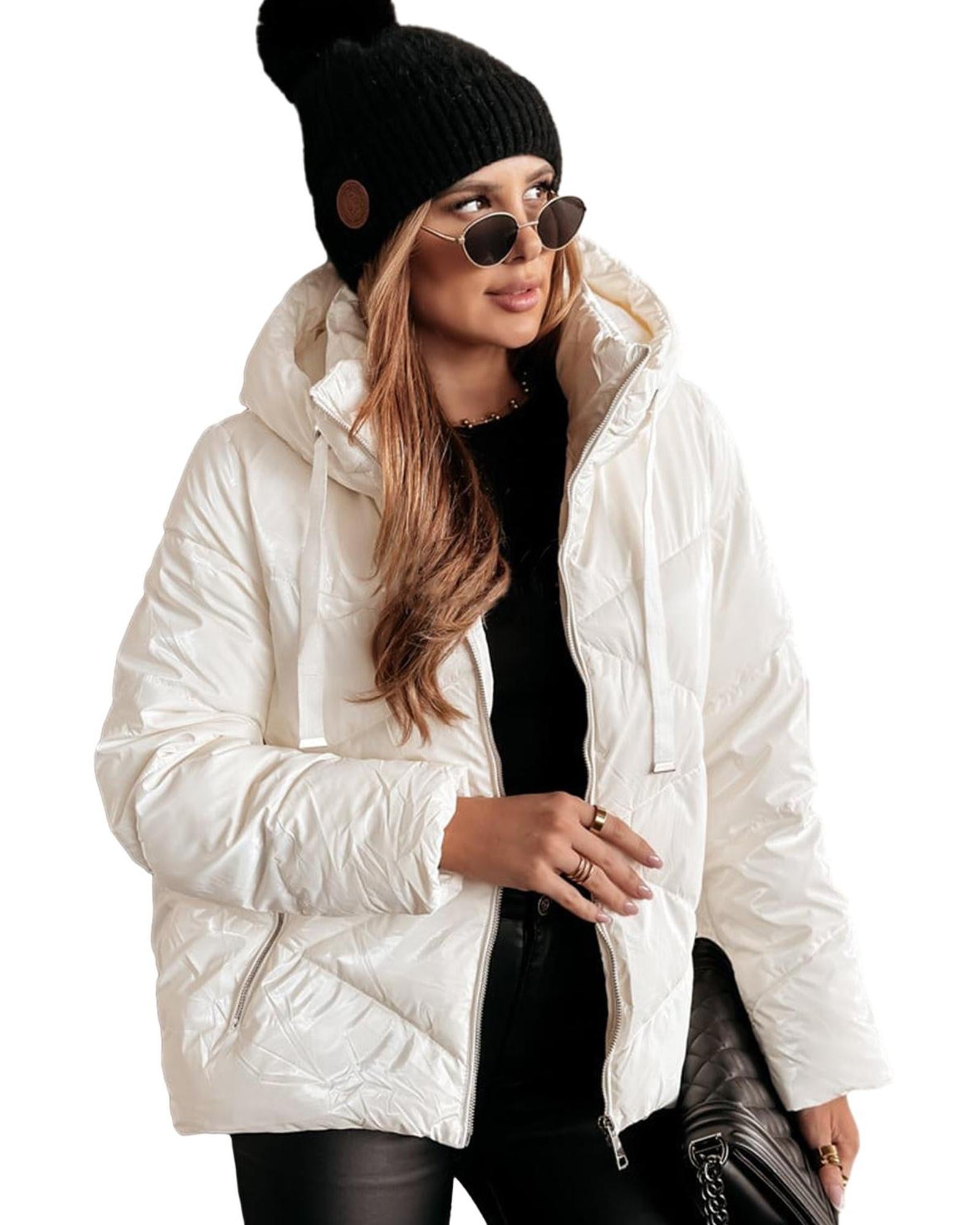 White Solid Quilted Hooded Zip Up Puffer Coat - S