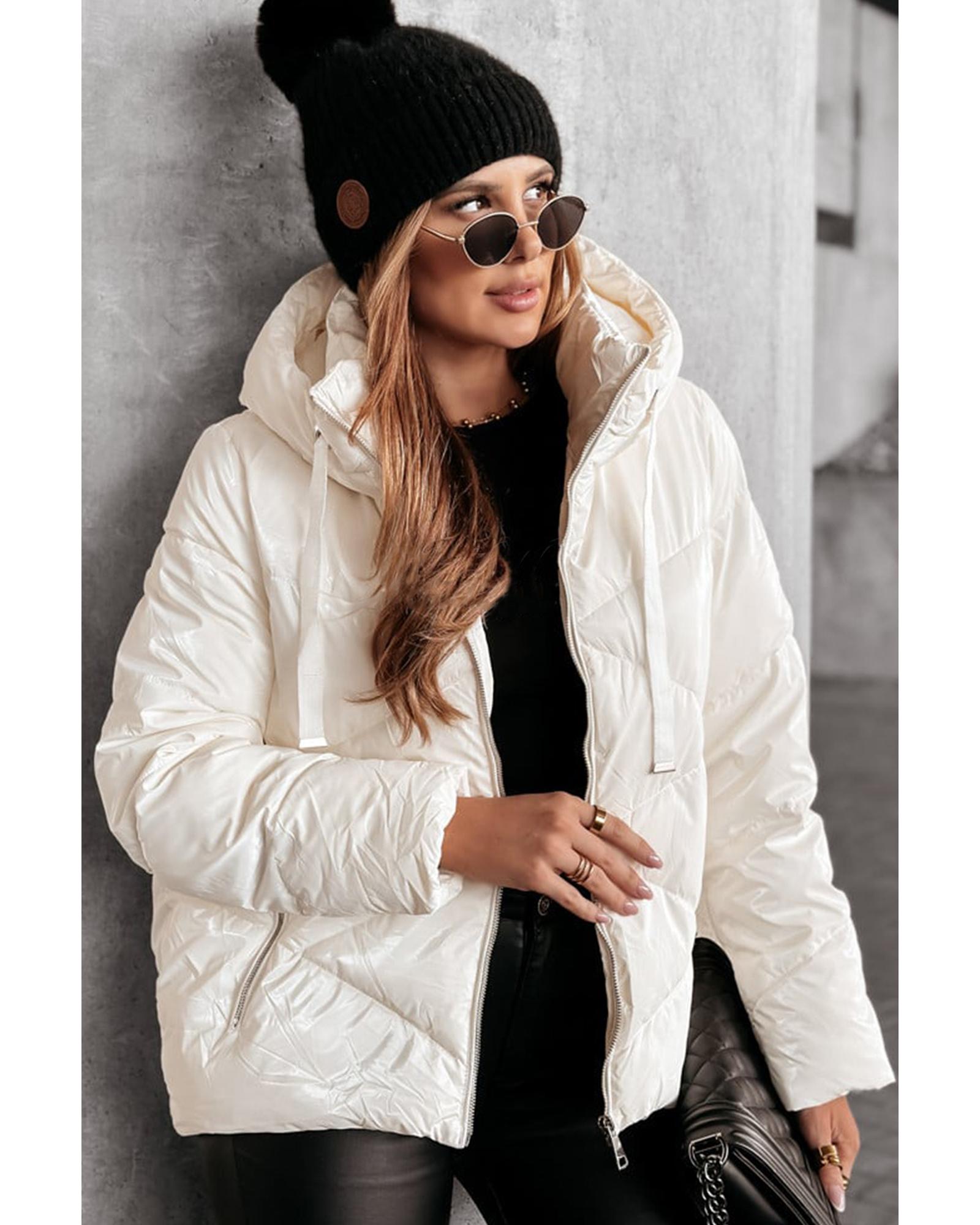 White Solid Quilted Hooded Zip Up Puffer Coat - S