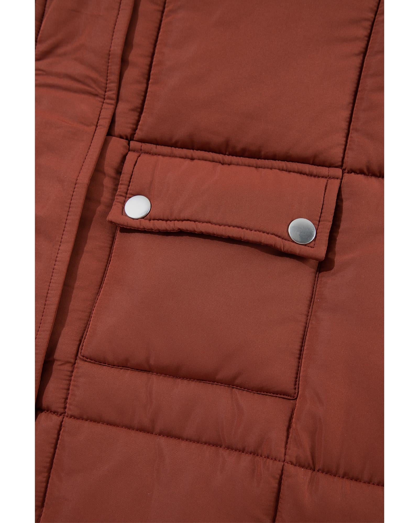 Coffee Quilted Puffer Stand Neck Zipped Mid-length Coat - L