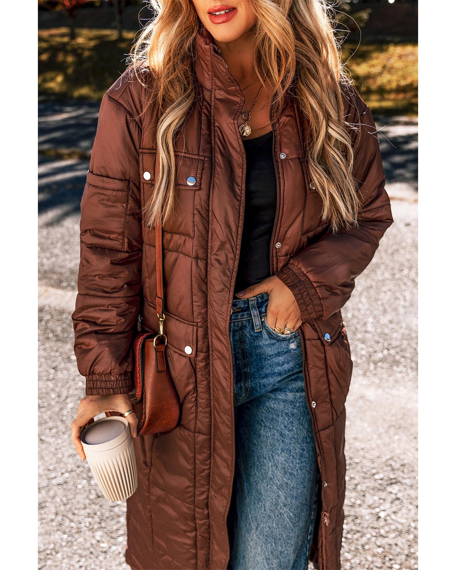 Coffee Quilted Puffer Stand Neck Zipped Mid-length Coat - L