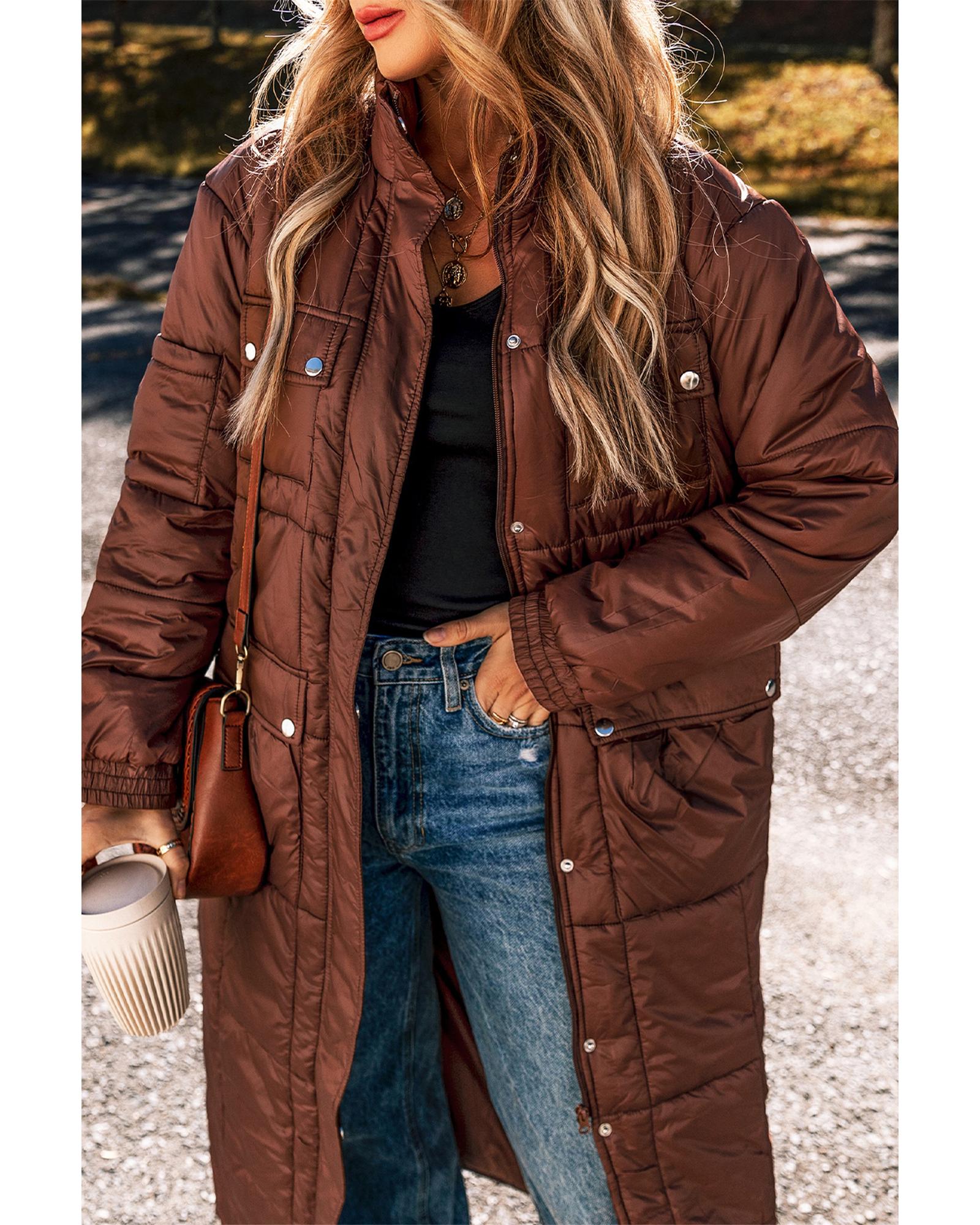 Coffee Quilted Puffer Stand Neck Zipped Mid-length Coat - XL