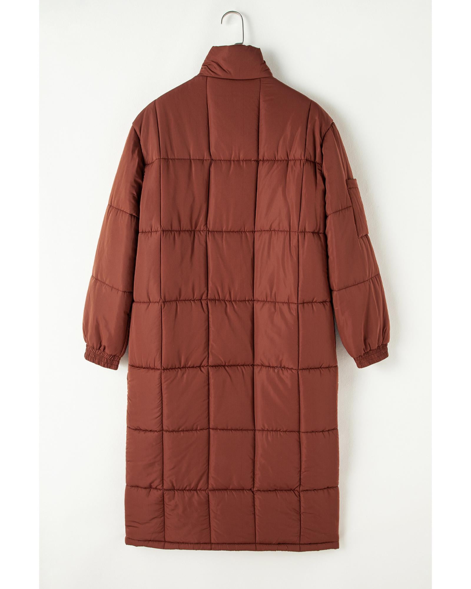 Coffee Quilted Puffer Stand Neck Zipped Mid-length Coat - XL