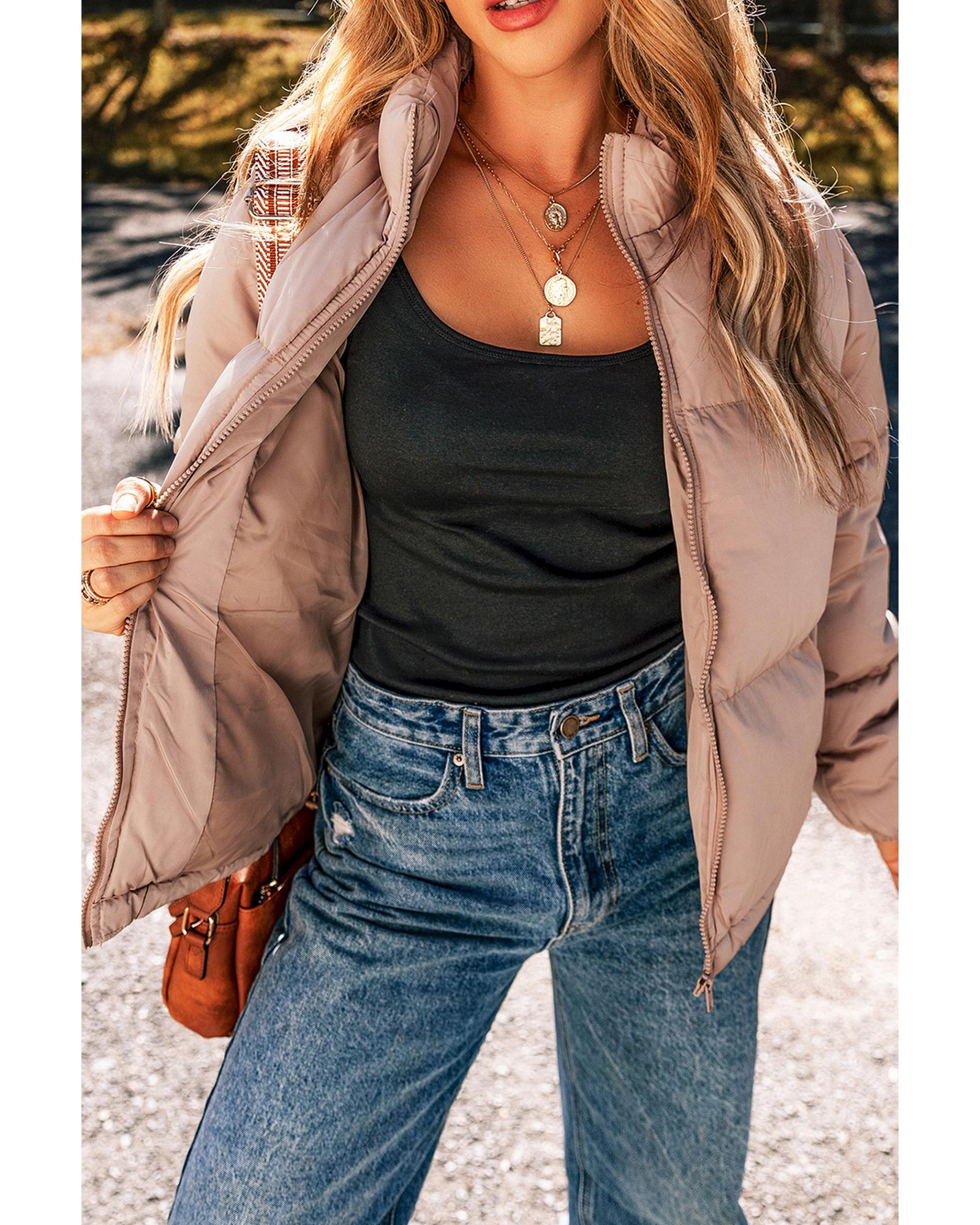 Apricot Pink Full Zipper Quilted Puffer Jacket - M