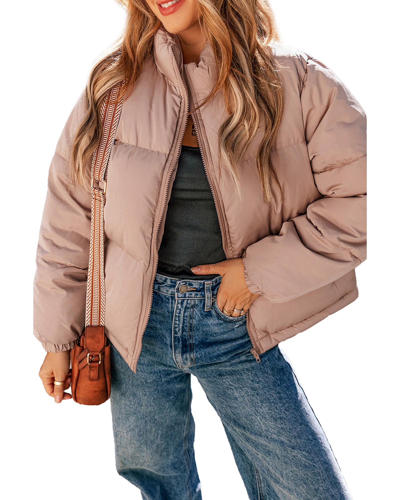Apricot Pink Full Zipper Quilted Puffer Jacket - M