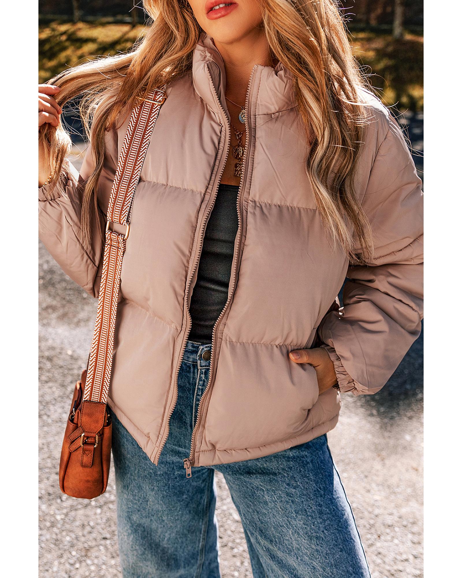 Apricot Pink Full Zipper Quilted Puffer Jacket - M