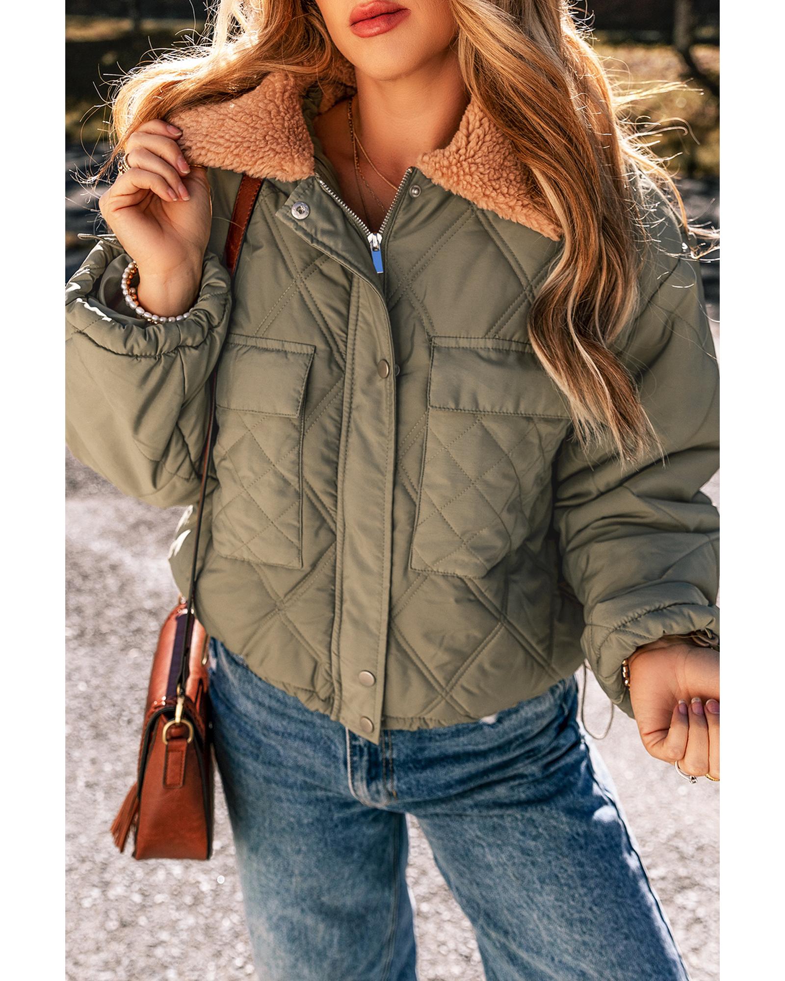 Jungle Green Teddy Collar Flap Pockets Quilted Puffer Jacket - L