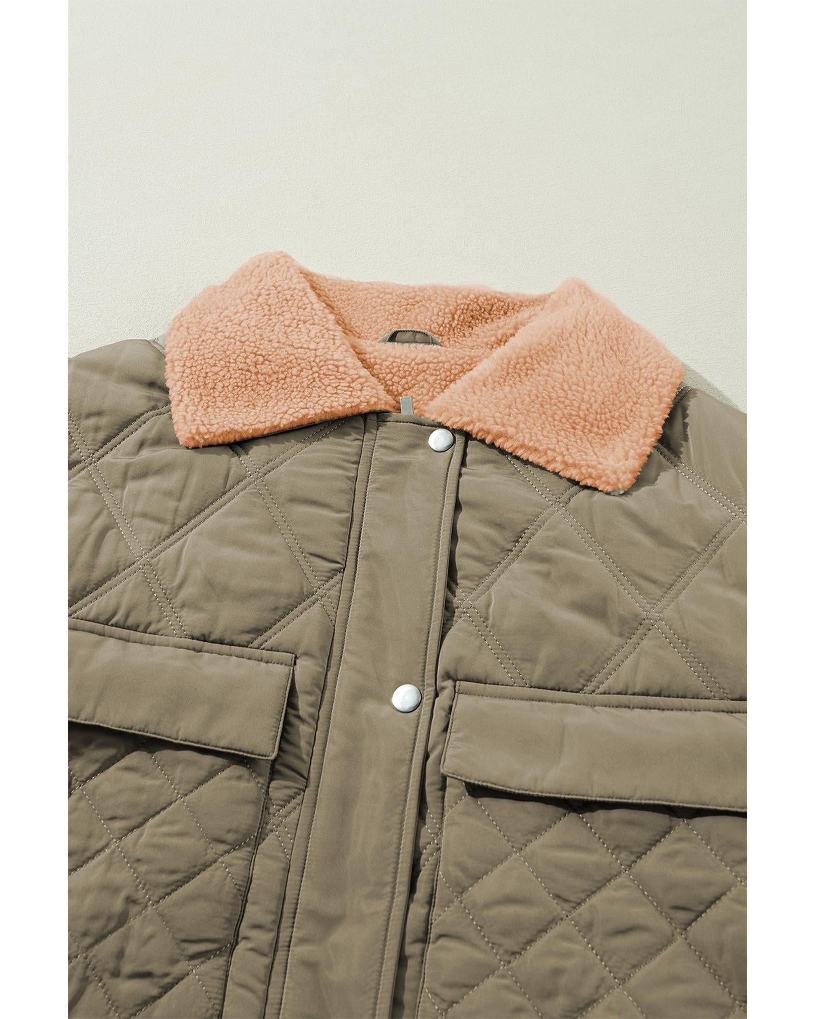 Jungle Green Teddy Collar Flap Pockets Quilted Puffer Jacket - L