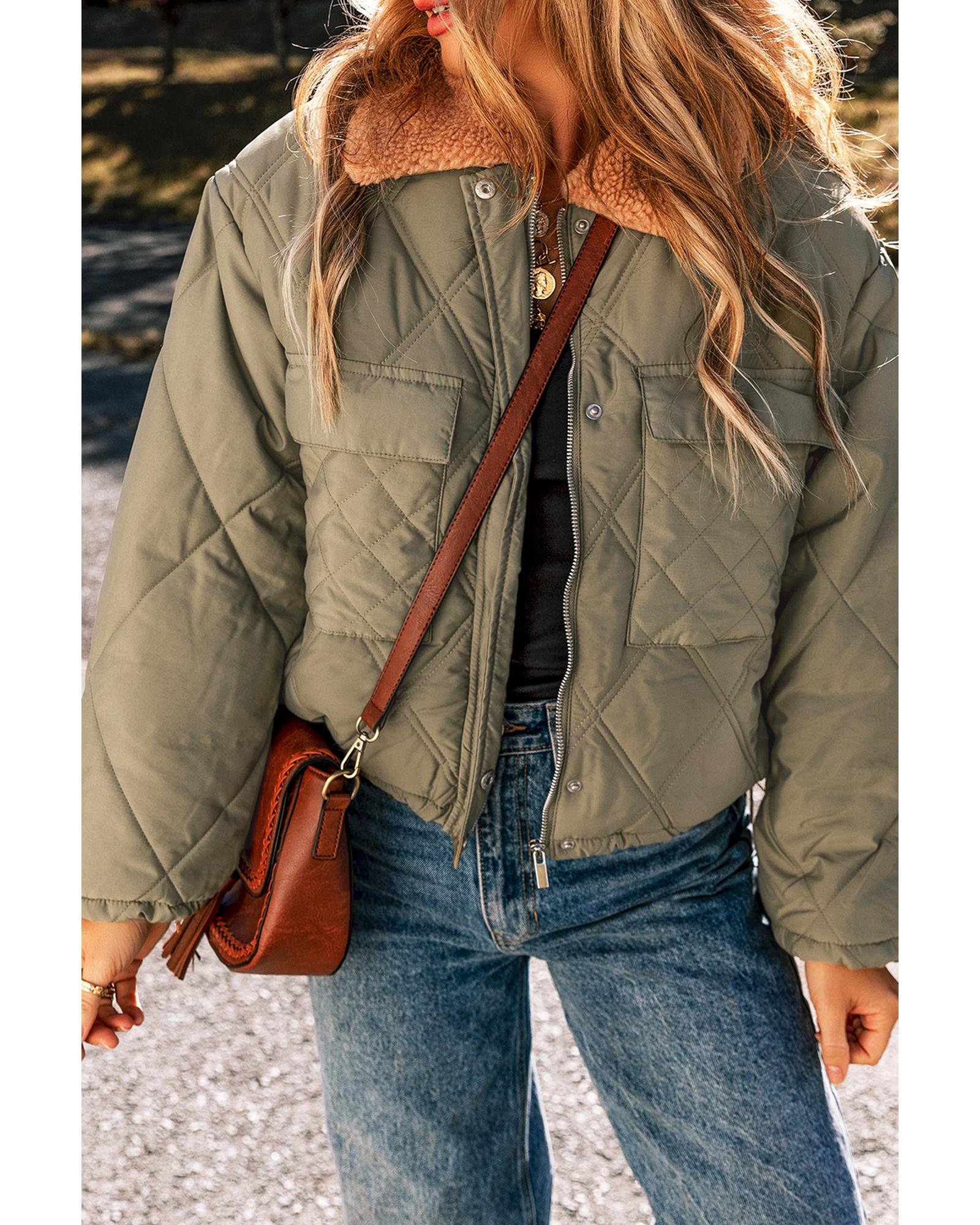 Jungle Green Teddy Collar Flap Pockets Quilted Puffer Jacket - L