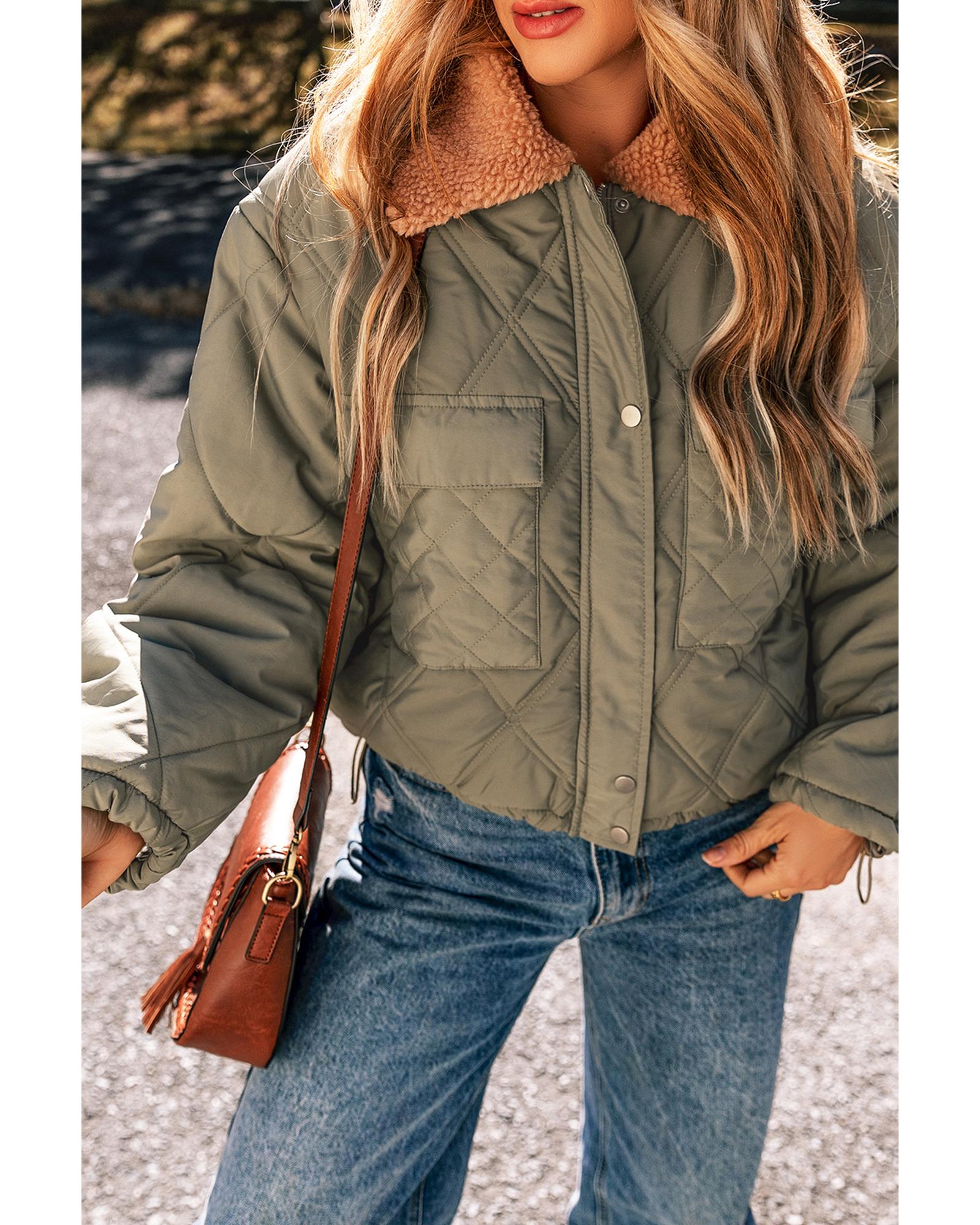 Jungle Green Teddy Collar Flap Pockets Quilted Puffer Jacket - L