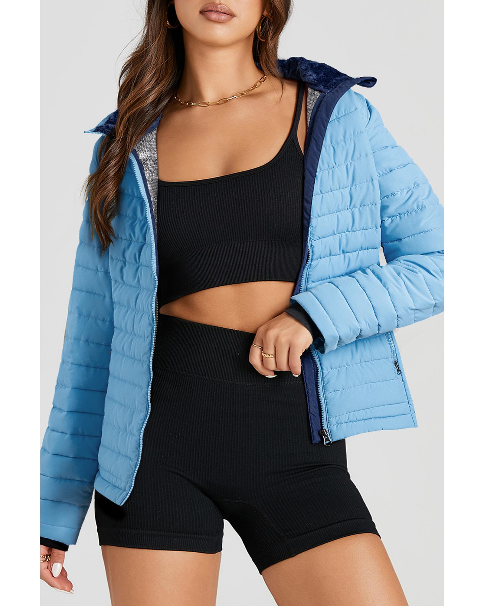 Myosotis Solid Color Quilted Zip-up Puffer Jacket - L