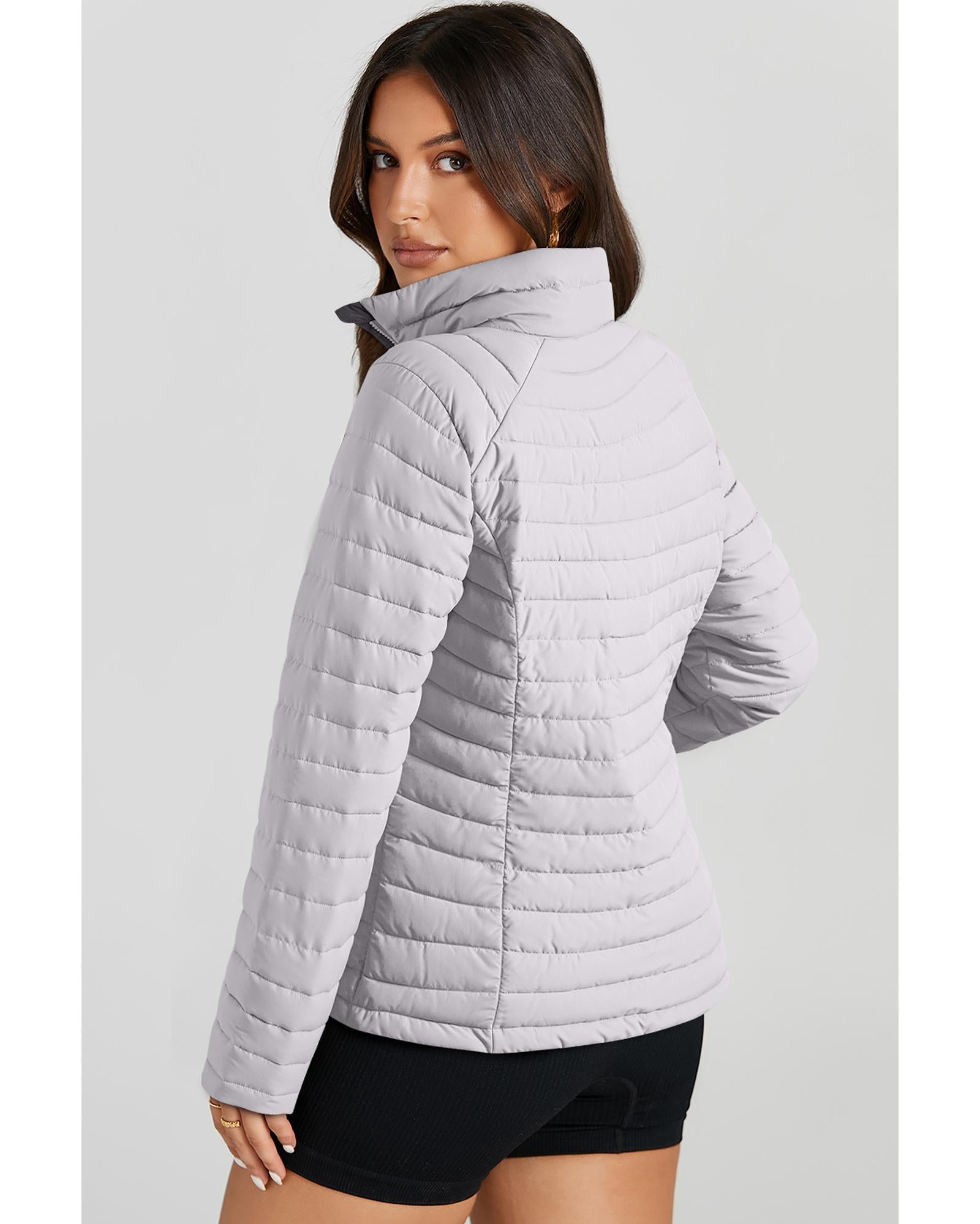 Silvery Solid Color Quilted Zip-up Puffer Jacket - M