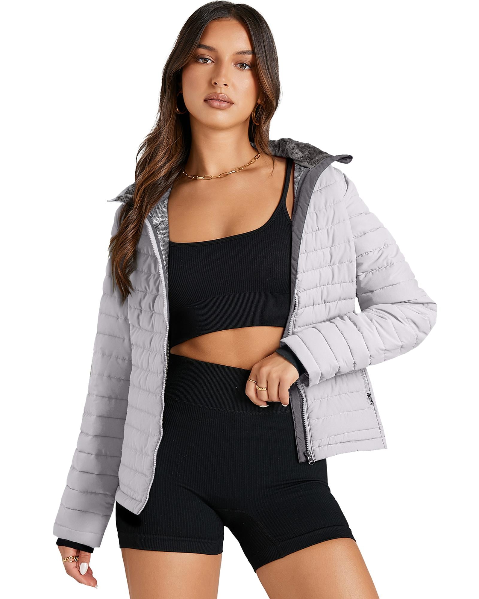Silvery Solid Color Quilted Zip-up Puffer Jacket - S