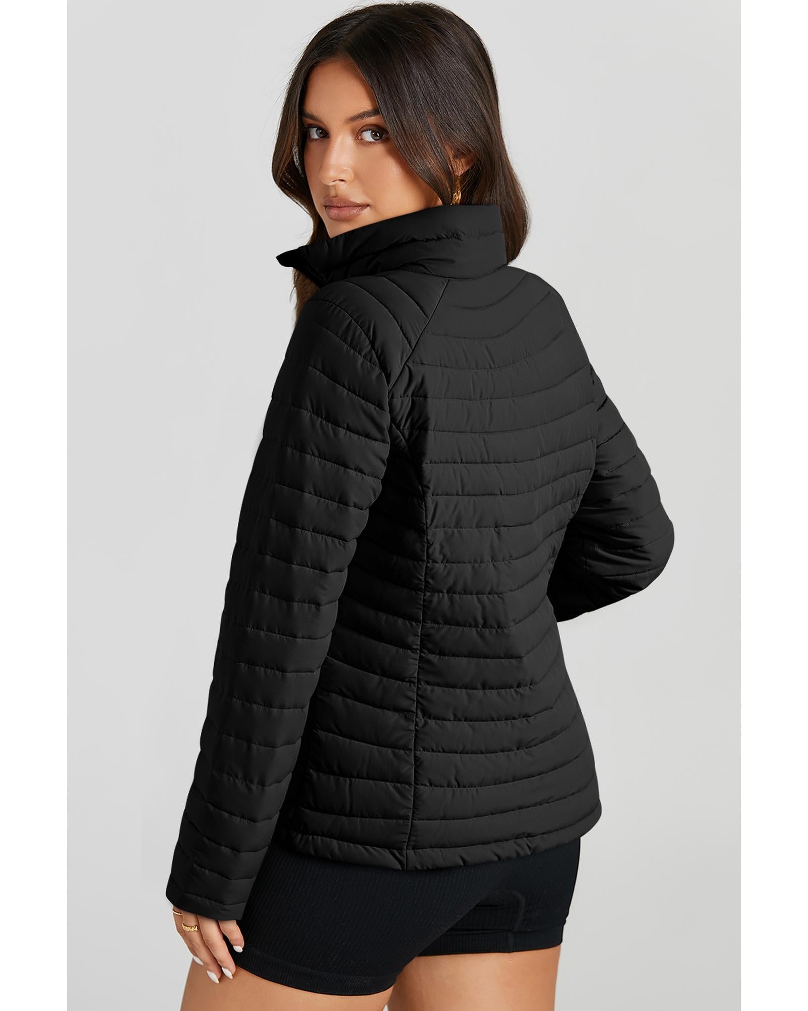 Black Solid Color Quilted Zip-up Puffer Jacket - L