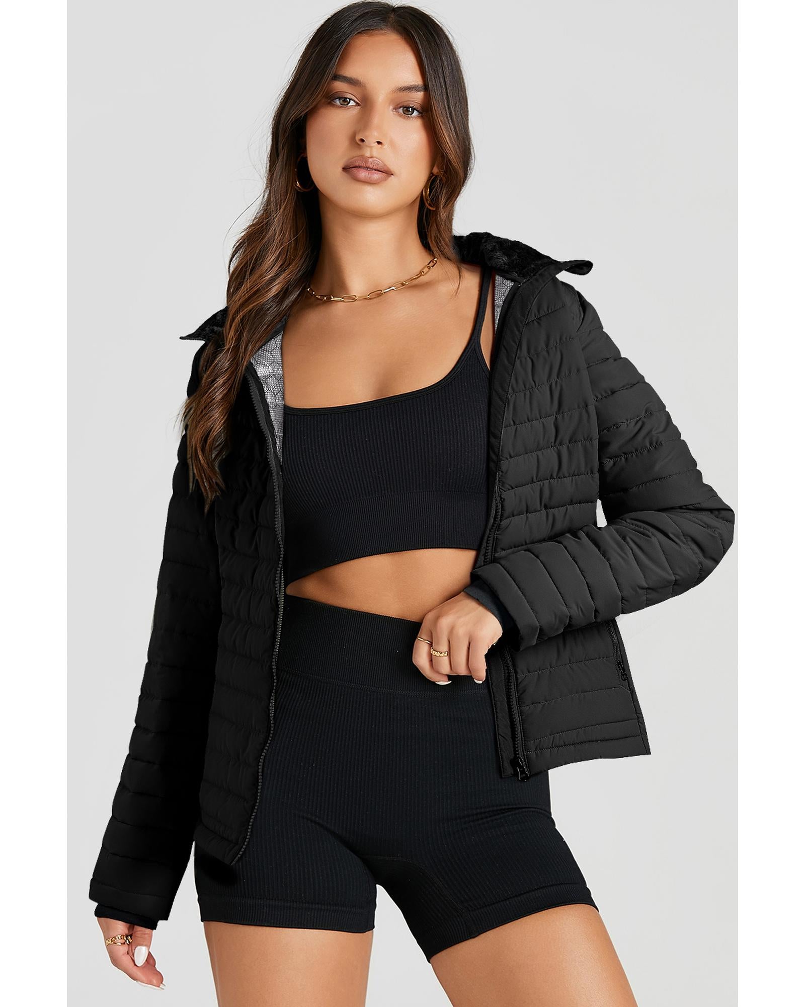 Black Solid Color Quilted Zip-up Puffer Jacket - L