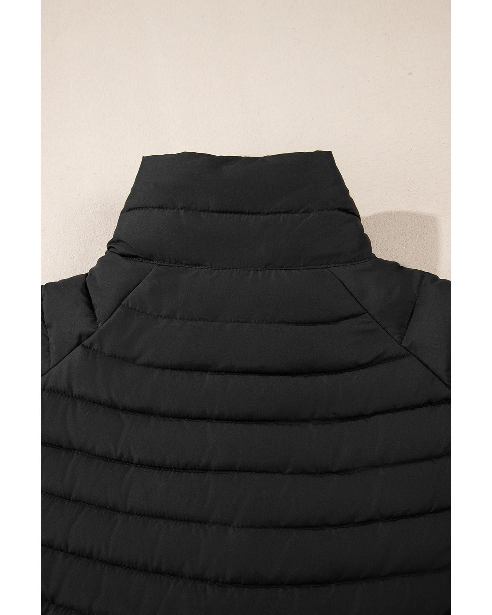 Black Solid Color Quilted Zip-up Puffer Jacket - L