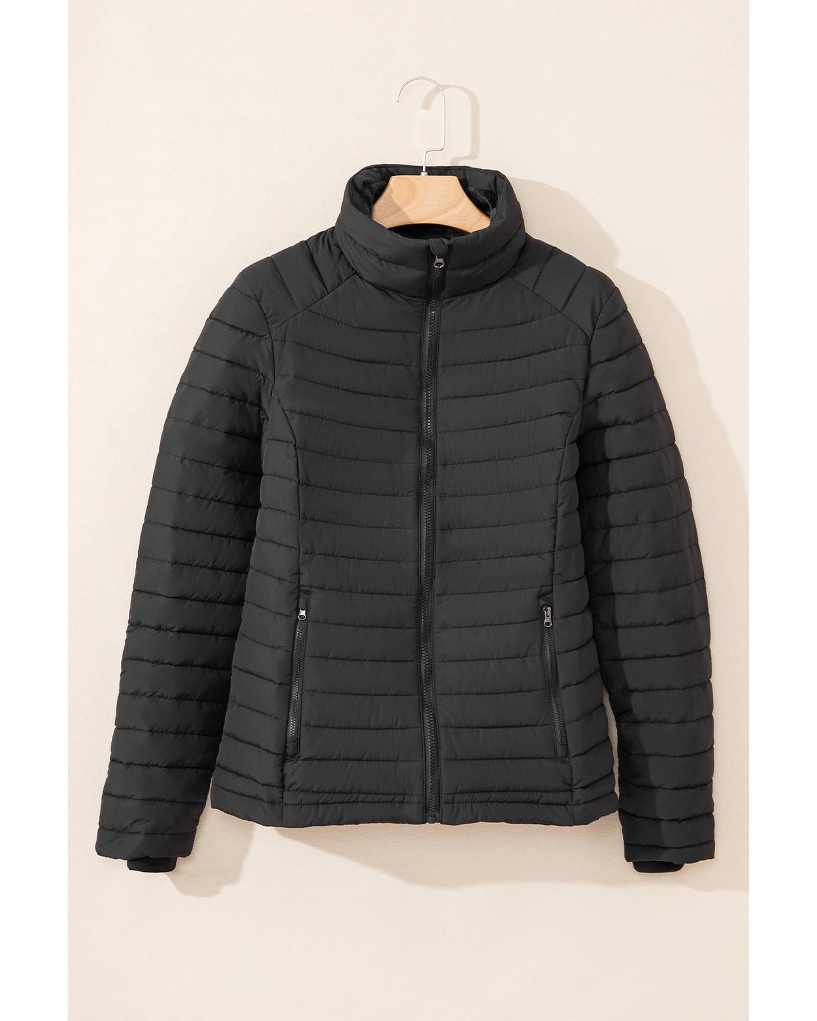 Black Solid Color Quilted Zip-up Puffer Jacket - L