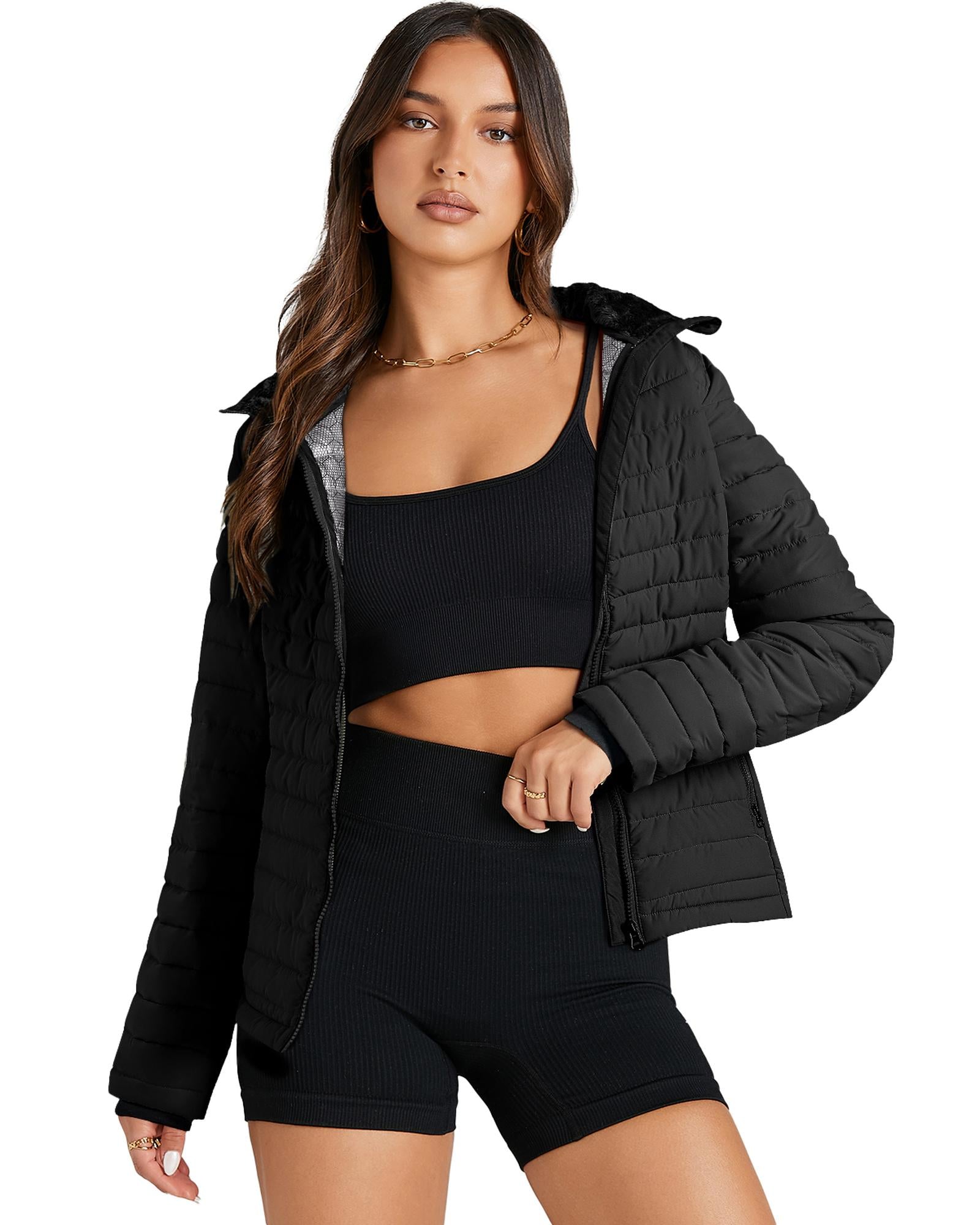 Black Solid Color Quilted Zip-up Puffer Jacket - S