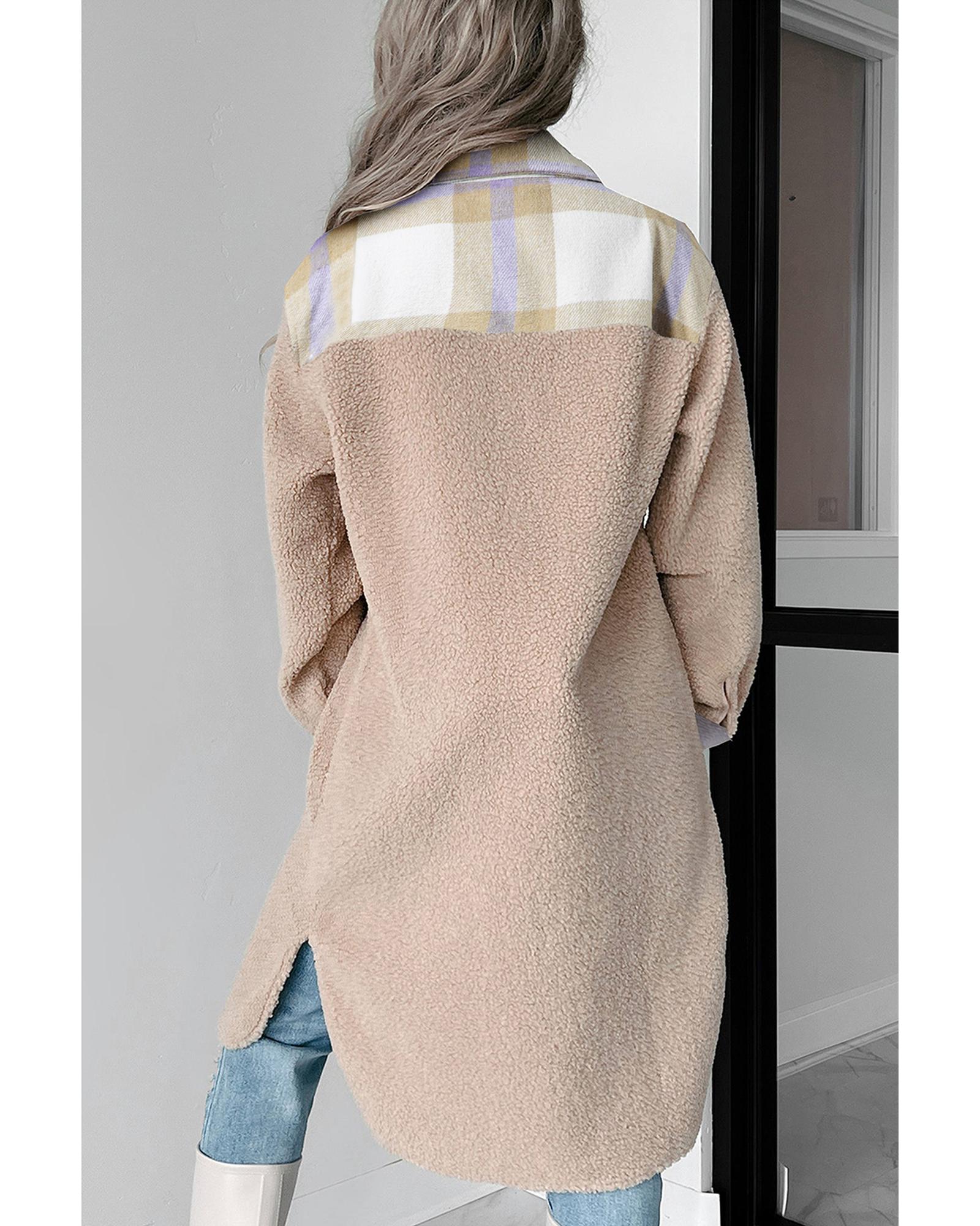 Smoke Gray Plaid Patchwork Collared Button-up Sherpa Long Coat - 2XL