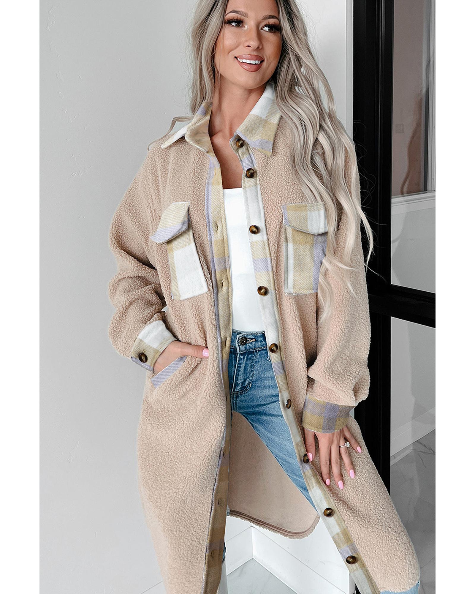 Smoke Gray Plaid Patchwork Collared Button-up Sherpa Long Coat - 2XL