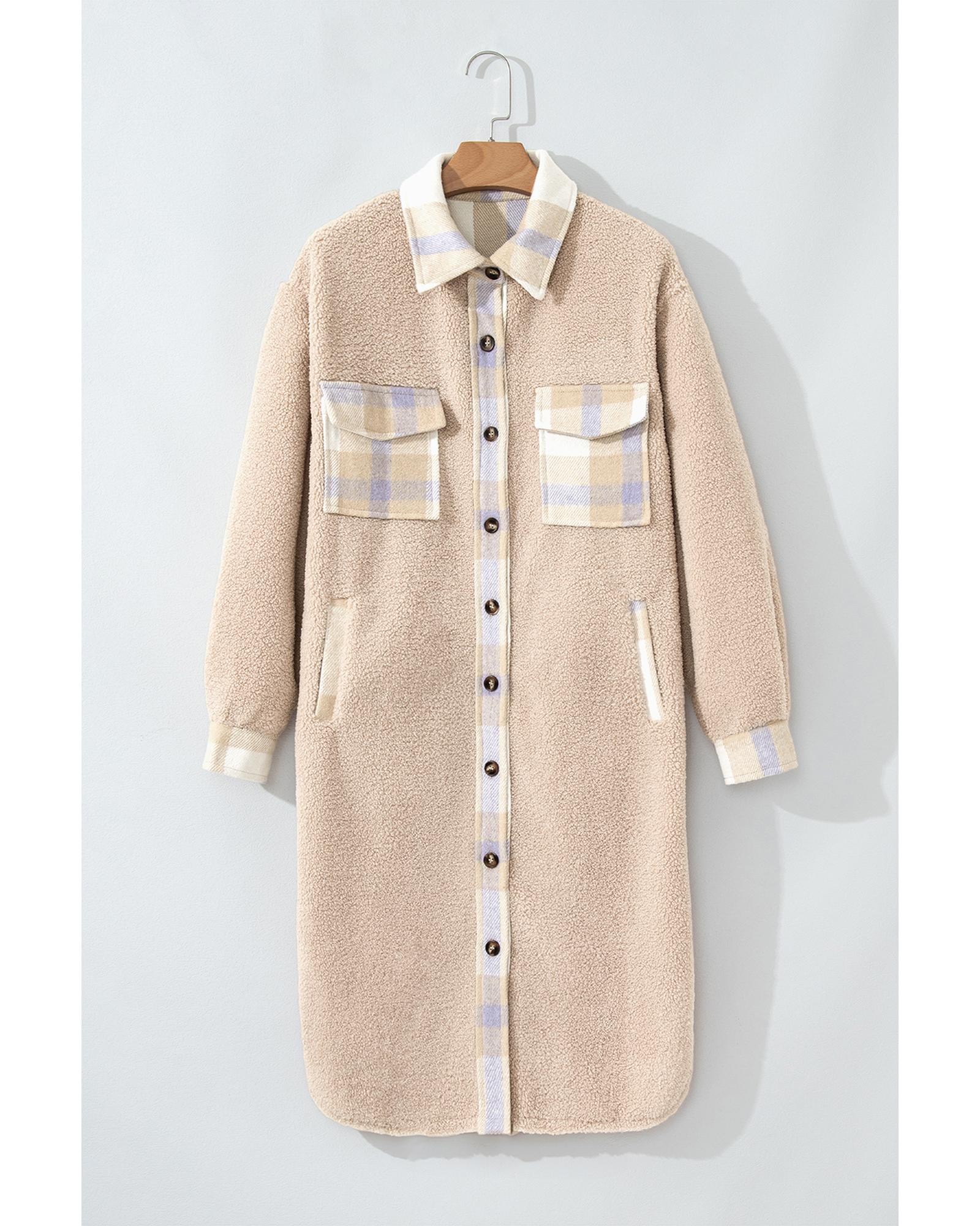 Smoke Gray Plaid Patchwork Collared Button-up Sherpa Long Coat - 2XL